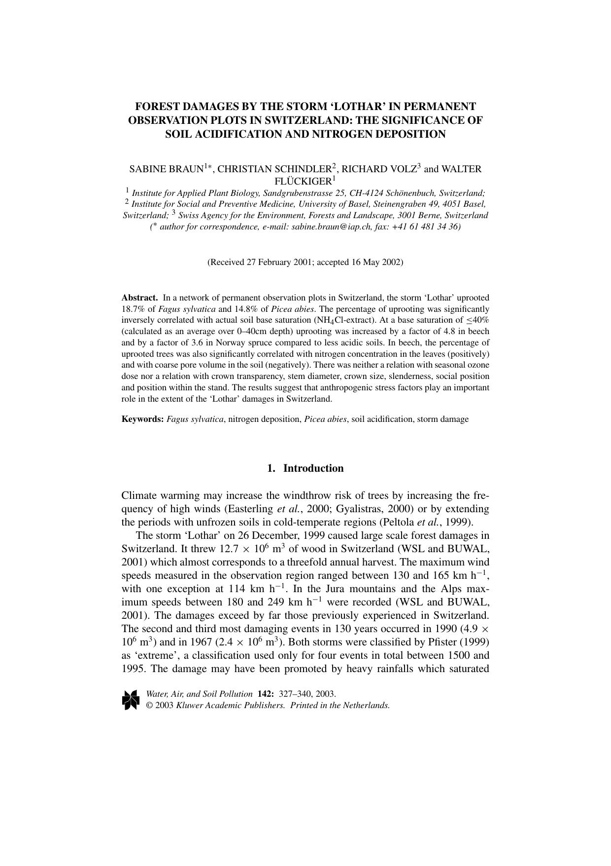 Forest Damages by the Storm &#x2018;Lothar&#x2019; in Permanent Observation Plots in Switzerland: The Significance of Soil Acidification and Nitrogen Deposition by Unknown