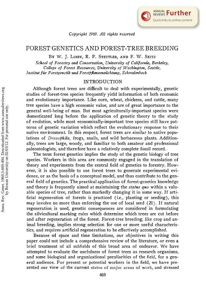 Forest Genetics and Forest-Tree Breeding by W J Libby R F Stettler & F W Seitz