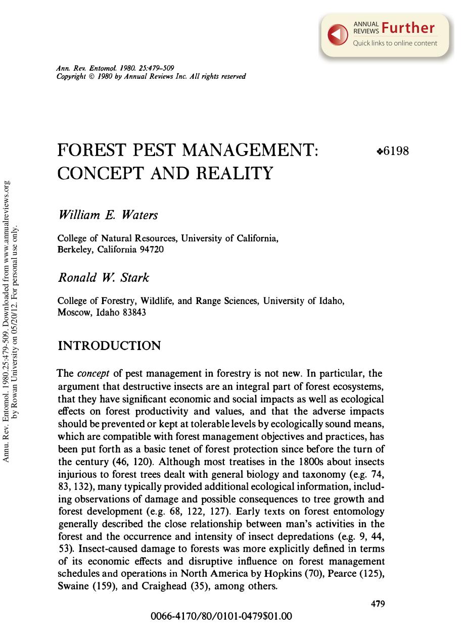 Forest Pest Management: Concept and Reality by W E Waters & and R W Stark