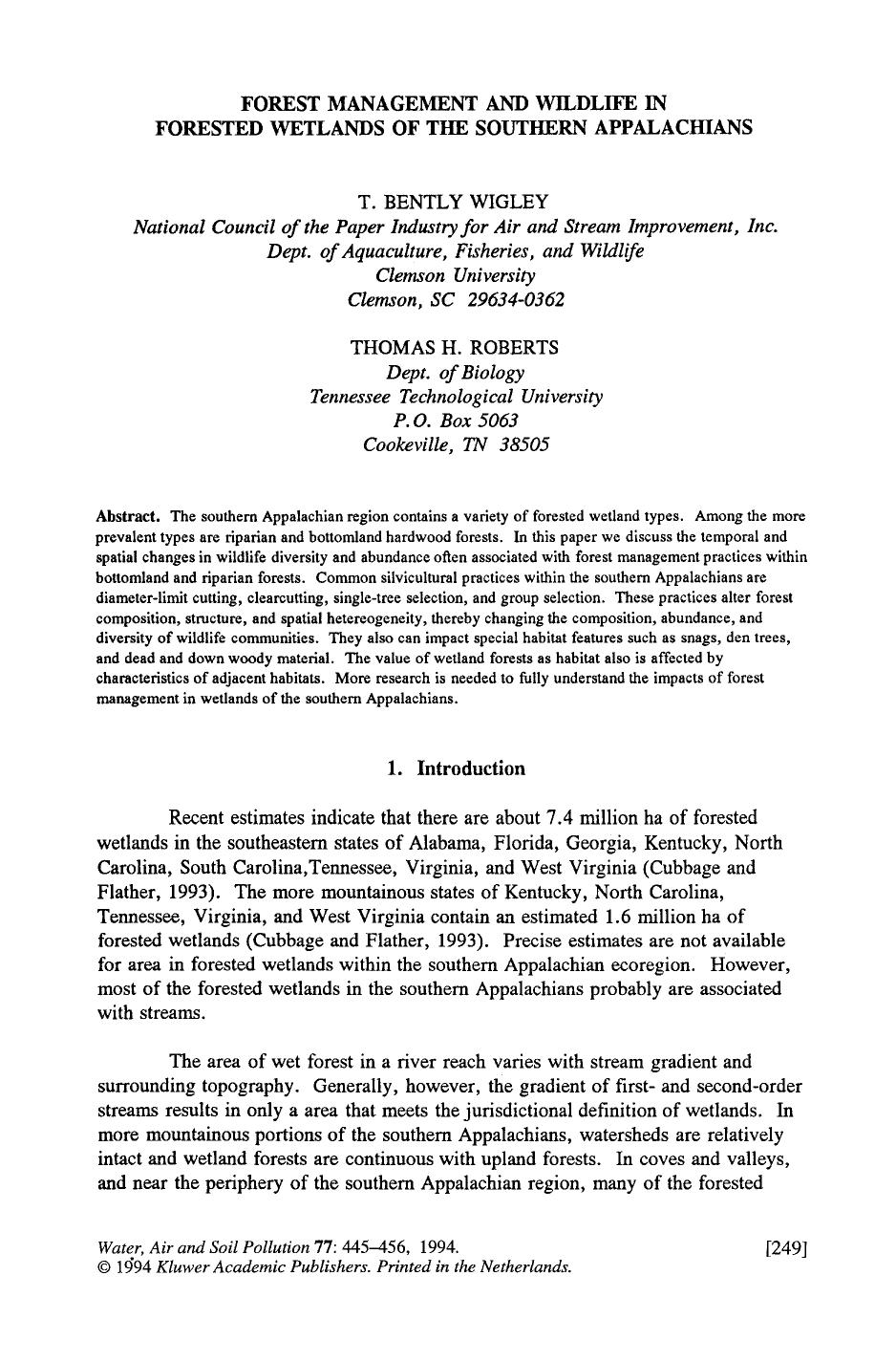 Forest management and wildlife in forested wetlands of the southern Appalachians by Unknown