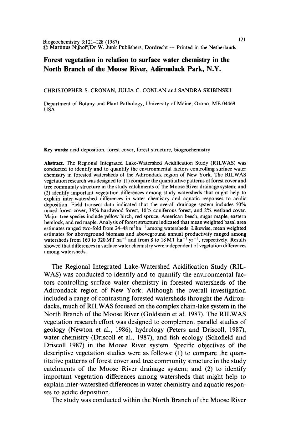 Forest vegetation in relation to surface water chemistry in the North Branch of the Moose River, Adirondack Park, N.Y. by Unknown