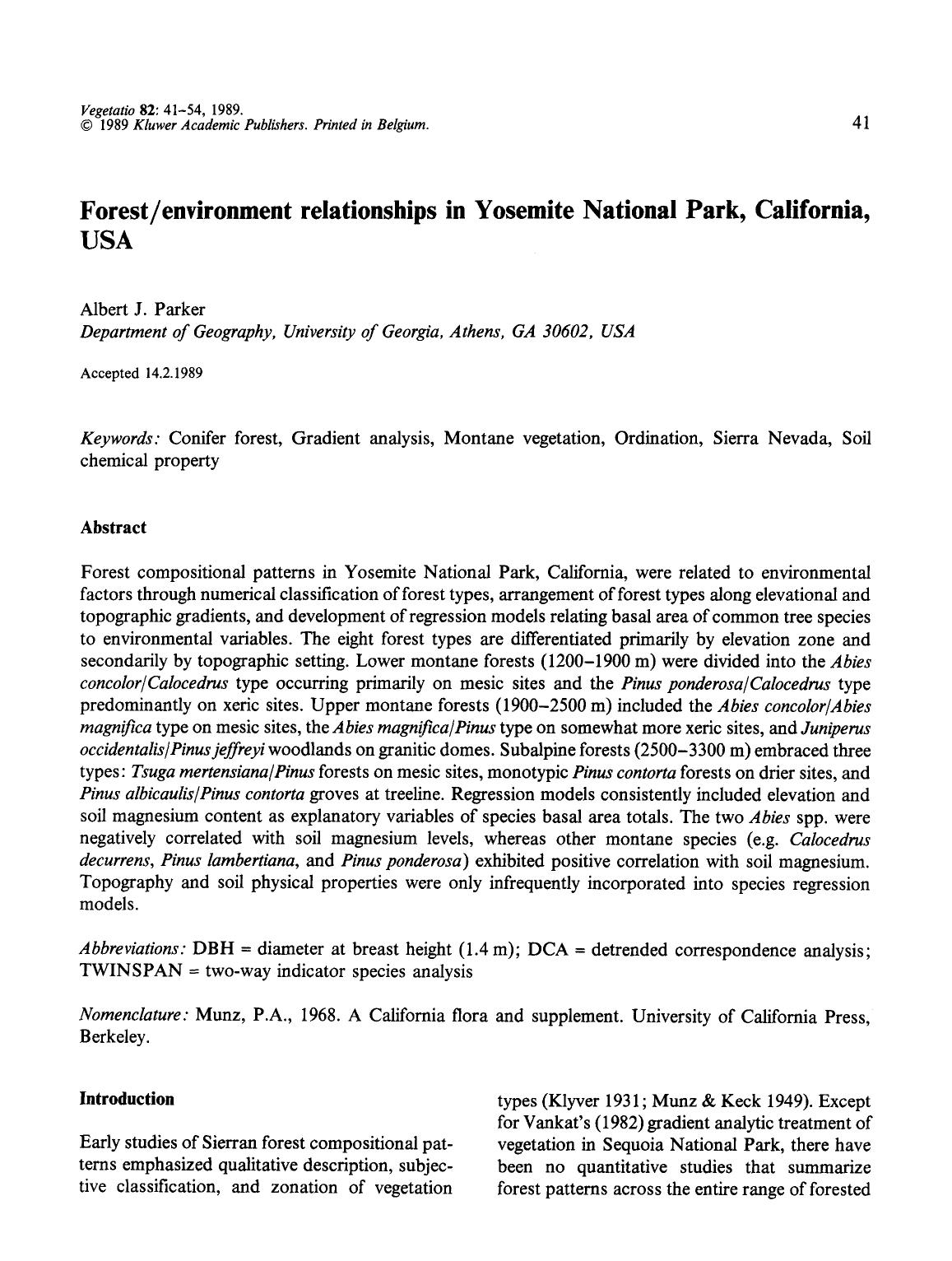 Forestenvironment relationships in Yosemite National Park, California, USA by Unknown