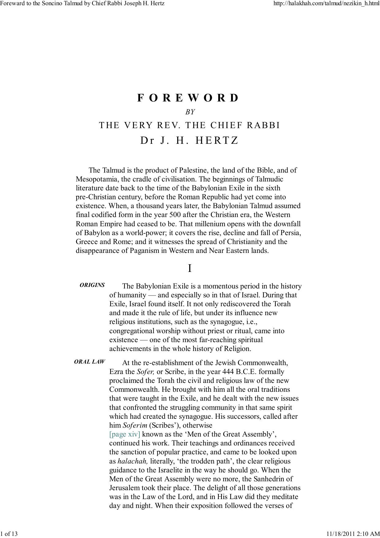 Foreward to the Soncino Talmud by Chief Rabbi Joseph H. Hertz by adam
