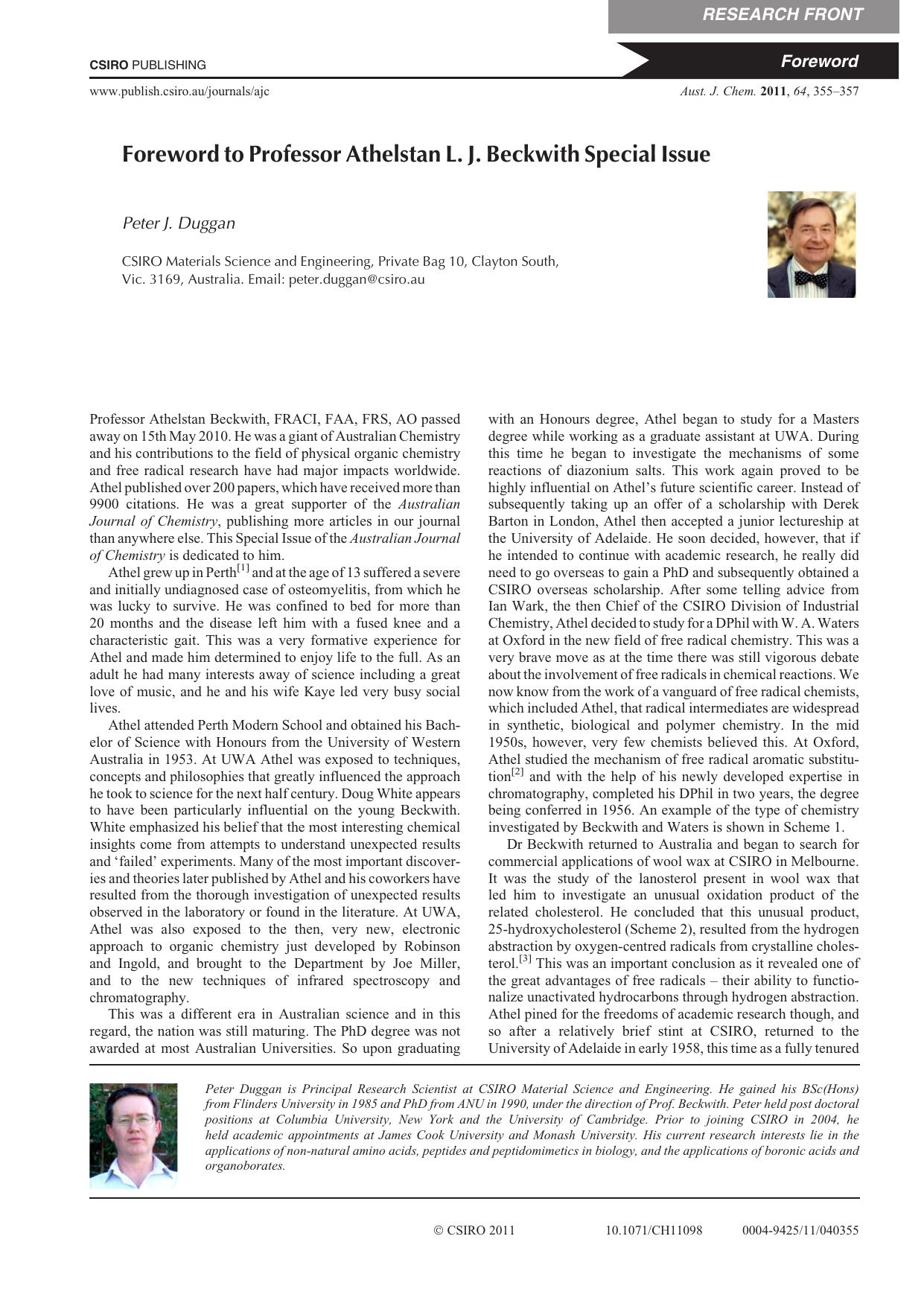Foreword to Professor Athelstan L. J. Beckwith Special Issue by P. J. Duggan