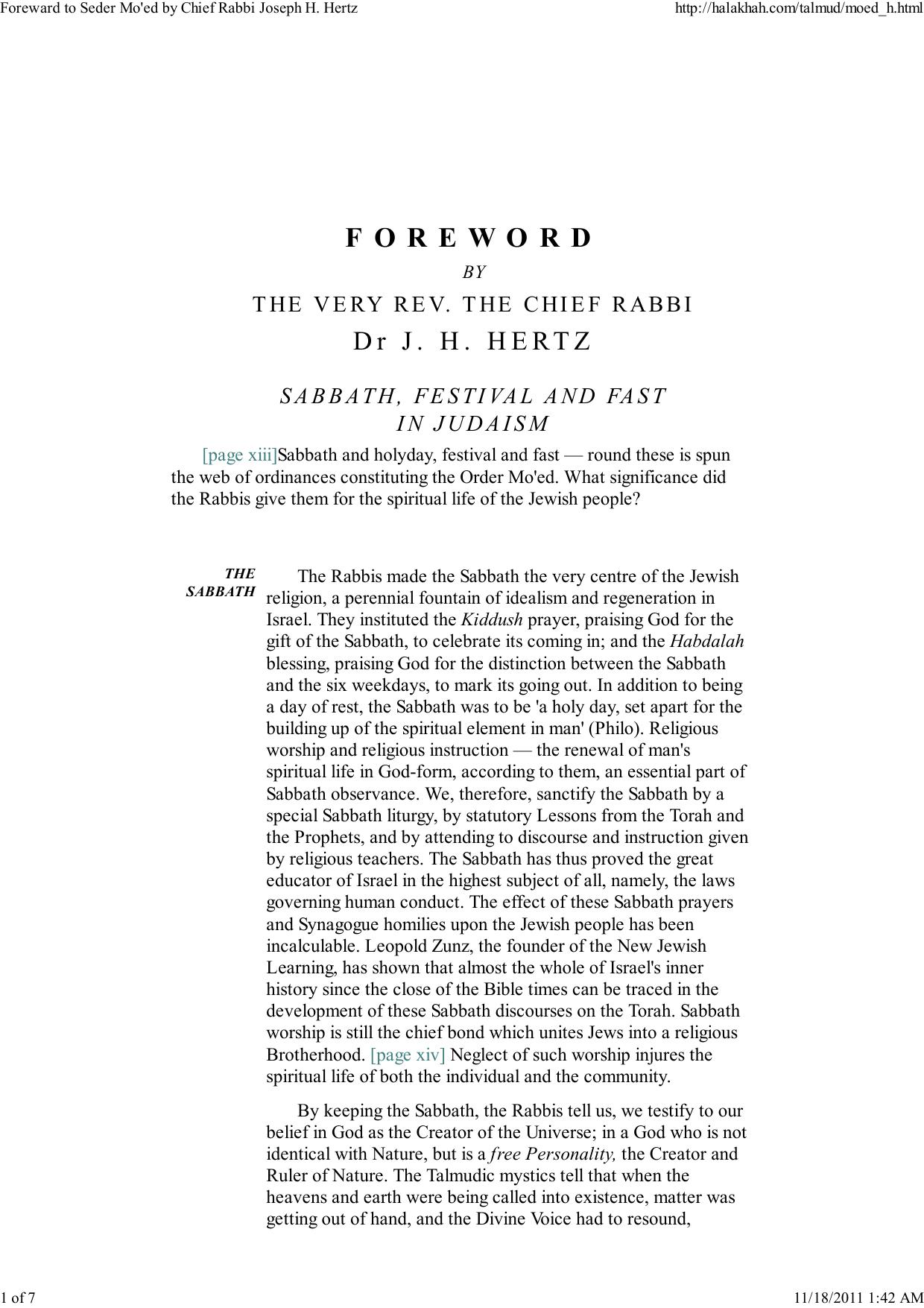 Foreword to Seder Moâed - The Very Rev. The Chief Rabbi Dr. J. H. Hertz by adam