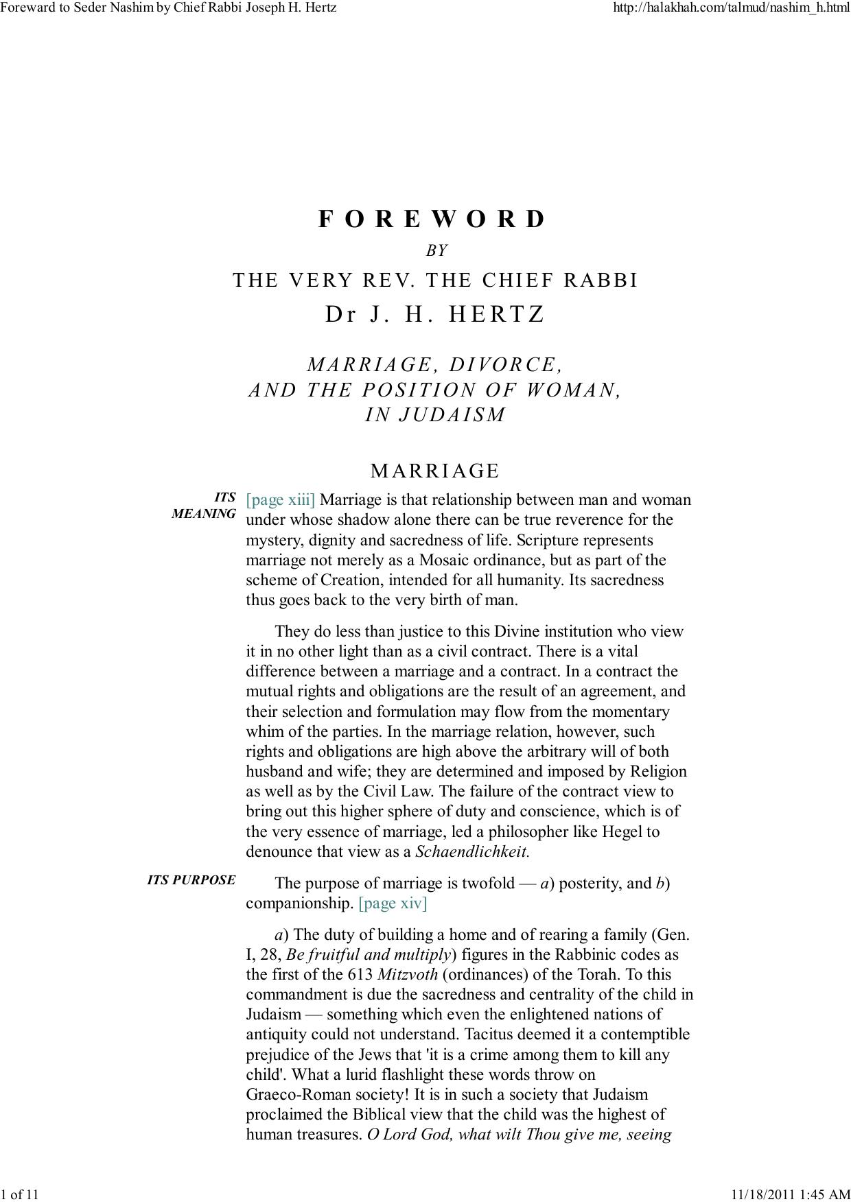 Foreword to Seder Nashim - The Very Rev. The Chief Rabbi Dr. J. H. Hertz by adam