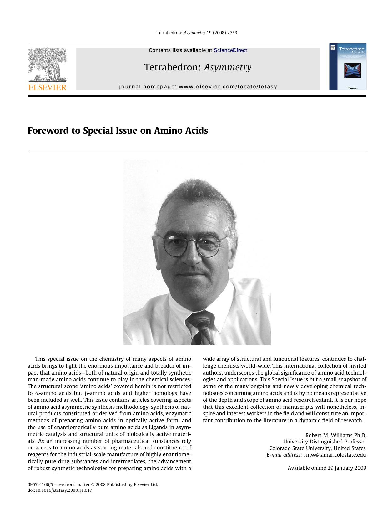 Foreword to Special Issue on Amino Acids by Robert M. Williams