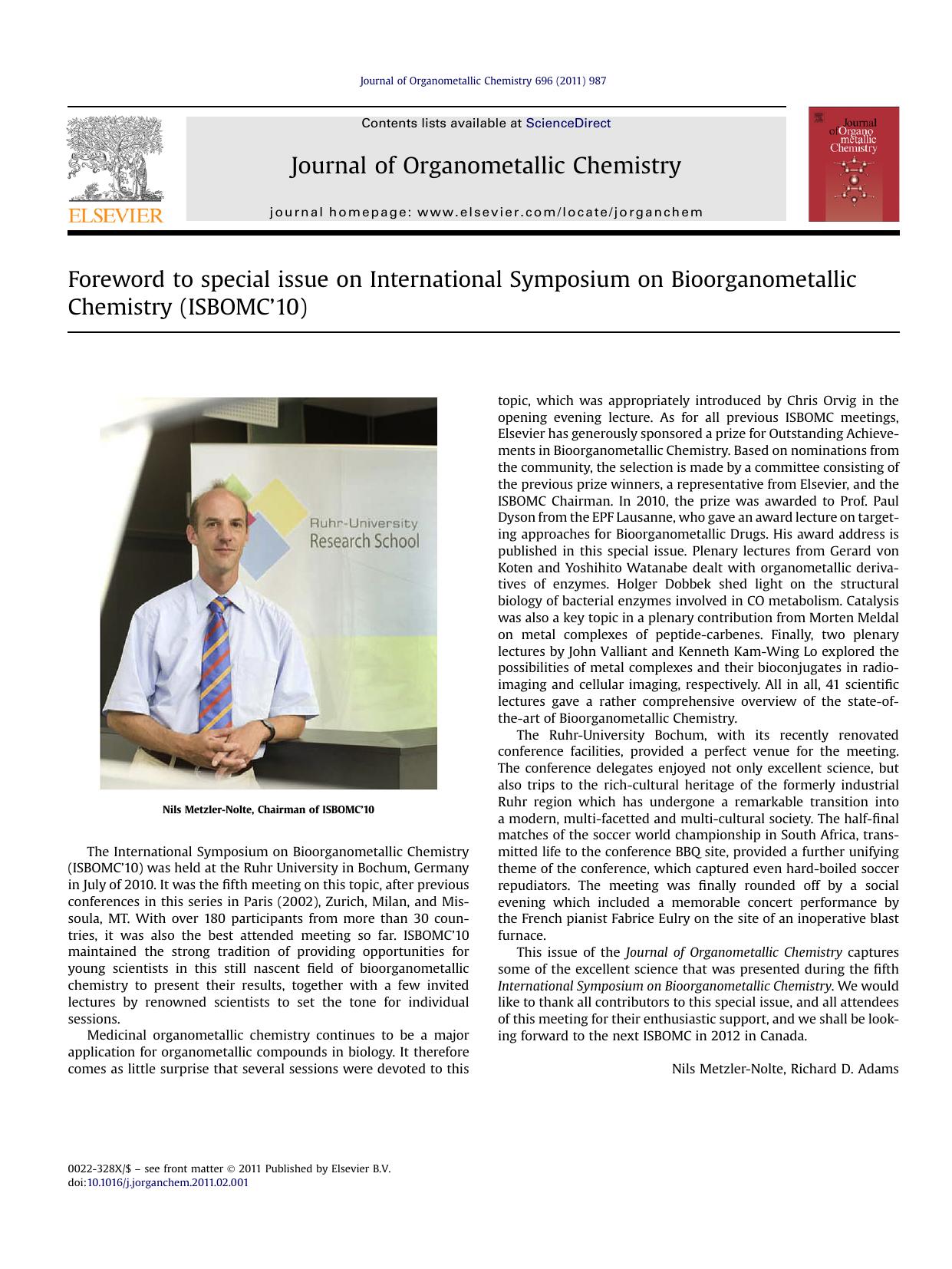 Foreword to special issue on International Symposium on Bioorganometallic Chemistry (ISBOMC’10) by Nils Metzler-Nolte & Richard D. Adams
