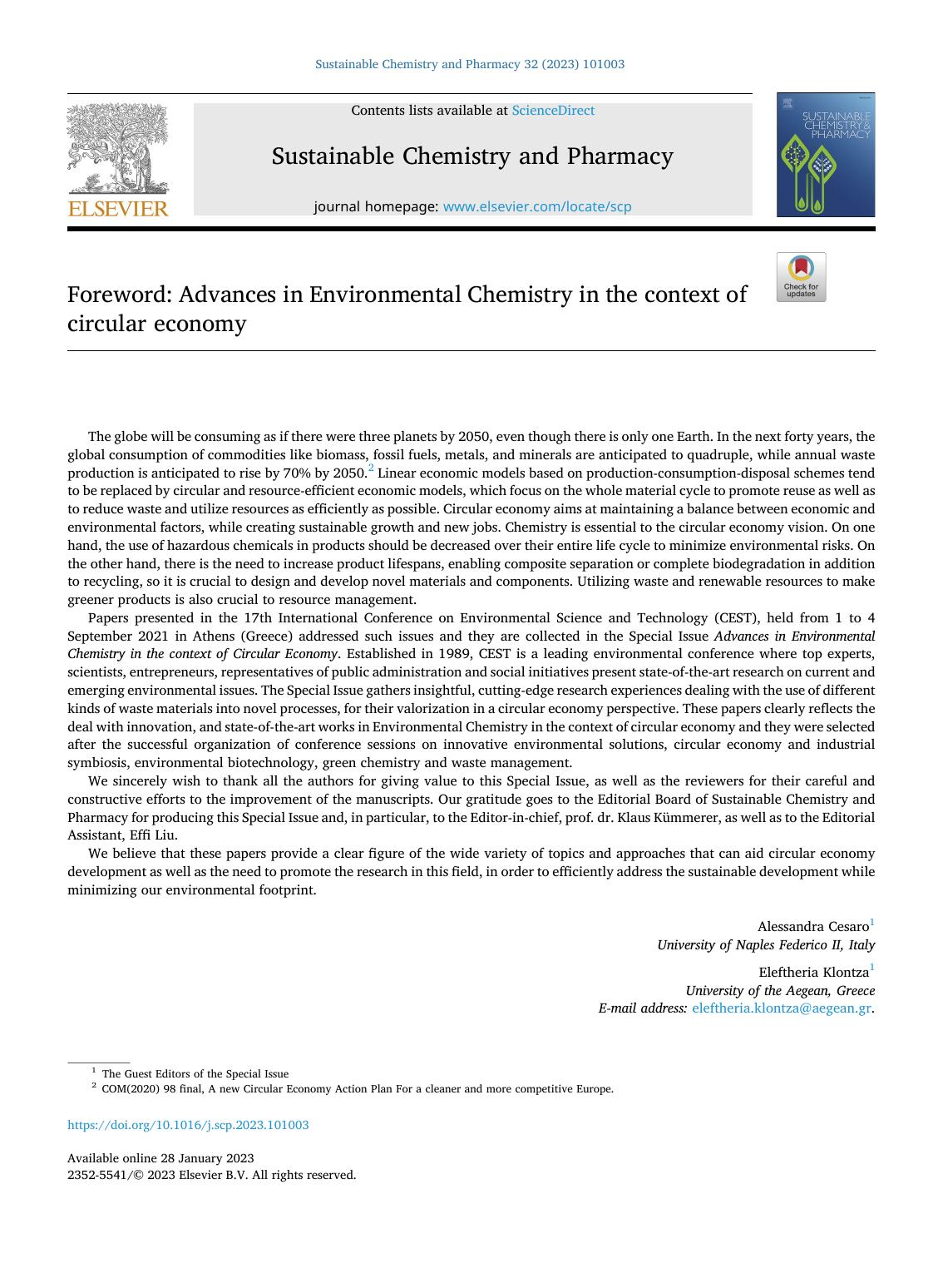 Foreword: Advances in Environmental Chemistry in the context of circular economy by Alessandra Cesaro & Eleftheria Klontza