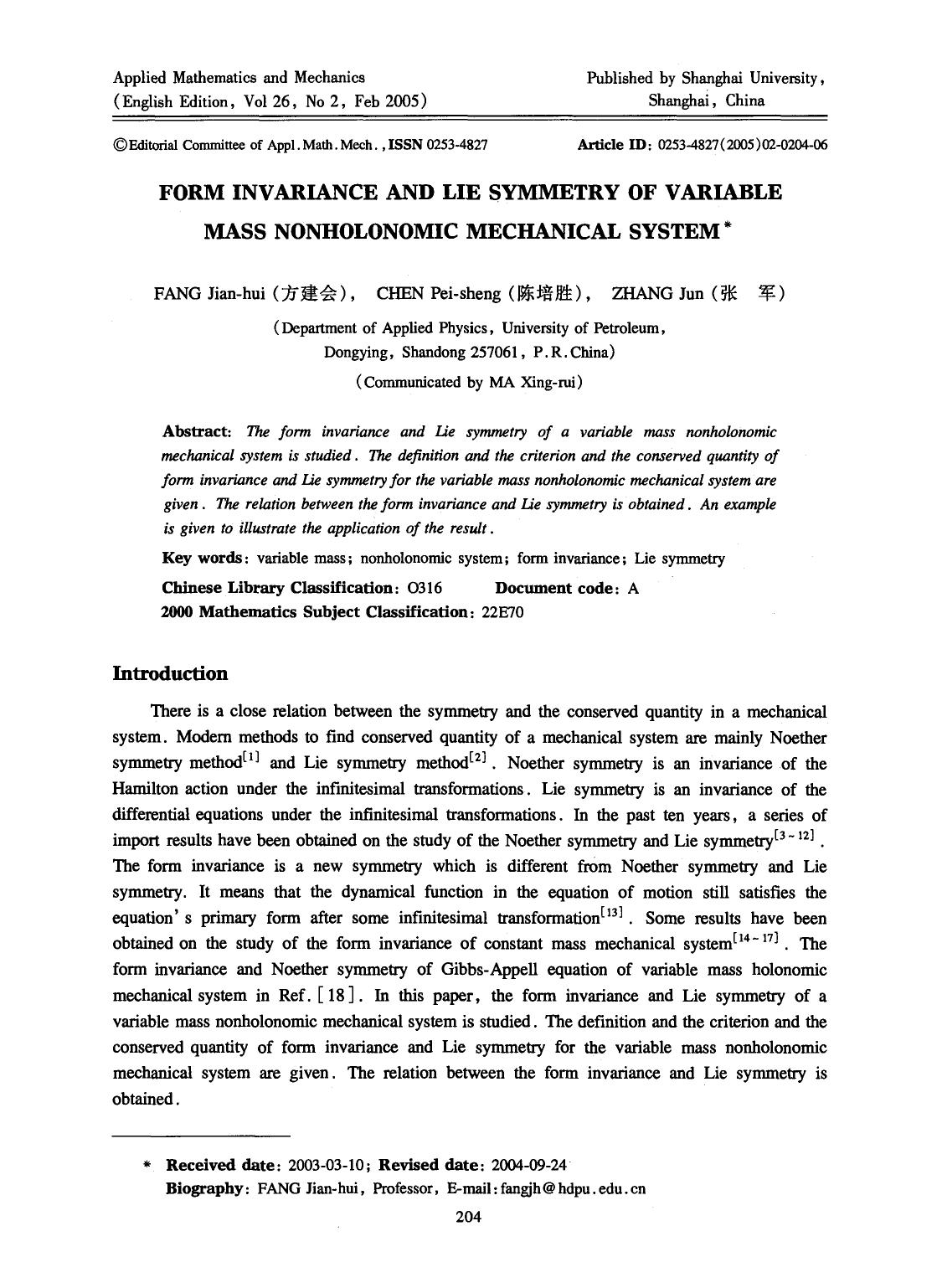 Form invariance and Lie symmetry of variable mass nonholonomic mechanical system by Unknown
