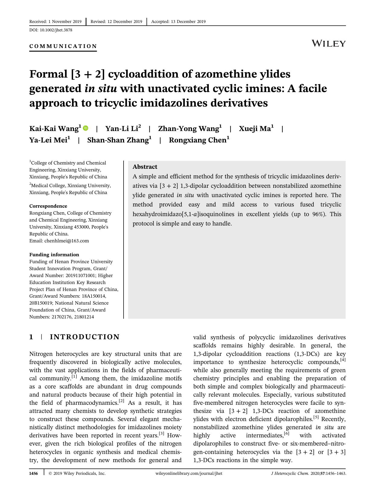 Formal [3â+â2] cycloaddition of azomethine ylides generated in situ with unactivated cyclic imines: A facile approach to tricyclic imidazolines derivatives by unknow