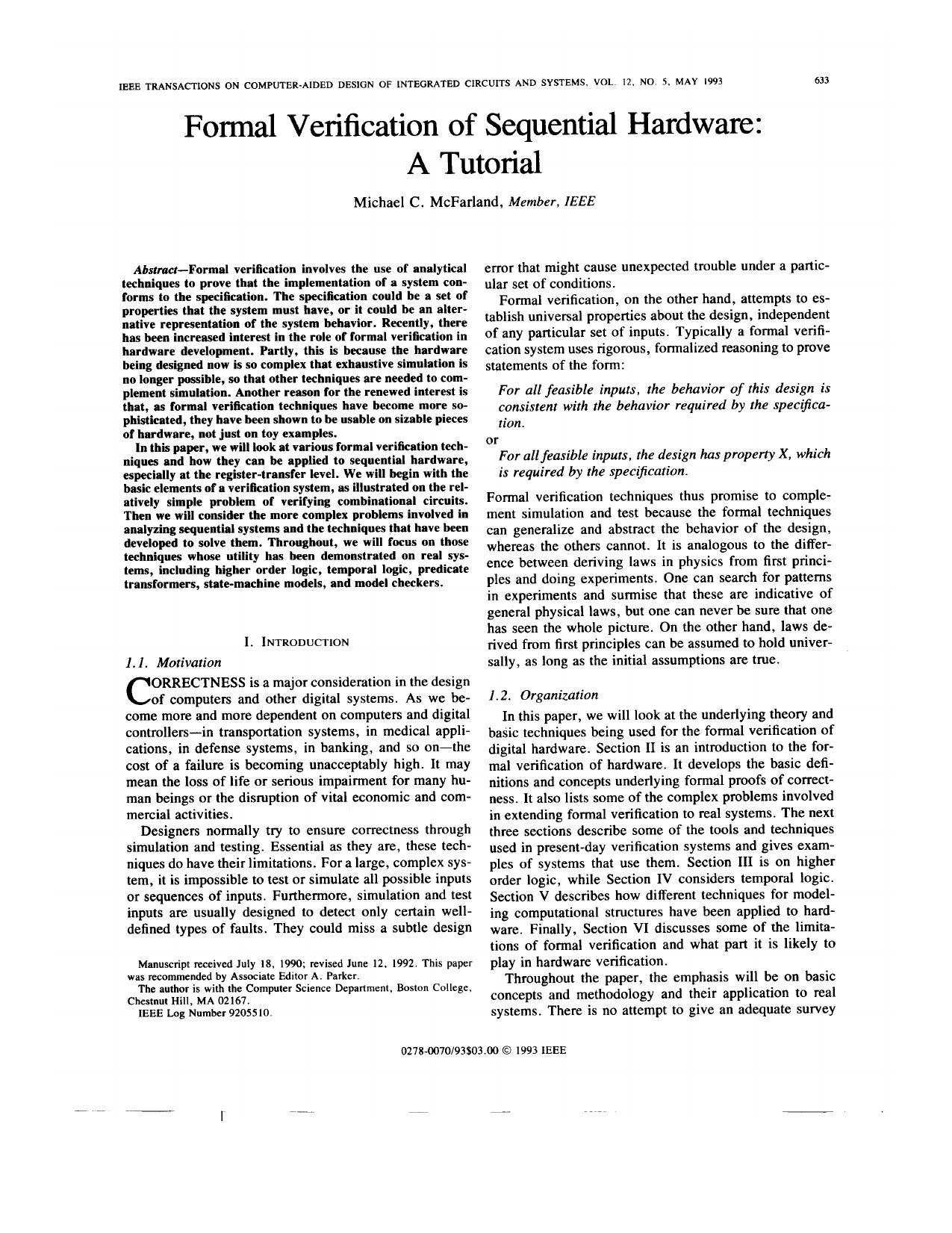 Formal verification of sequential hardware: a tutorial - Computer-Aided Design of Integrated Circuits and Systems, IEEE Transactions on by IEEE