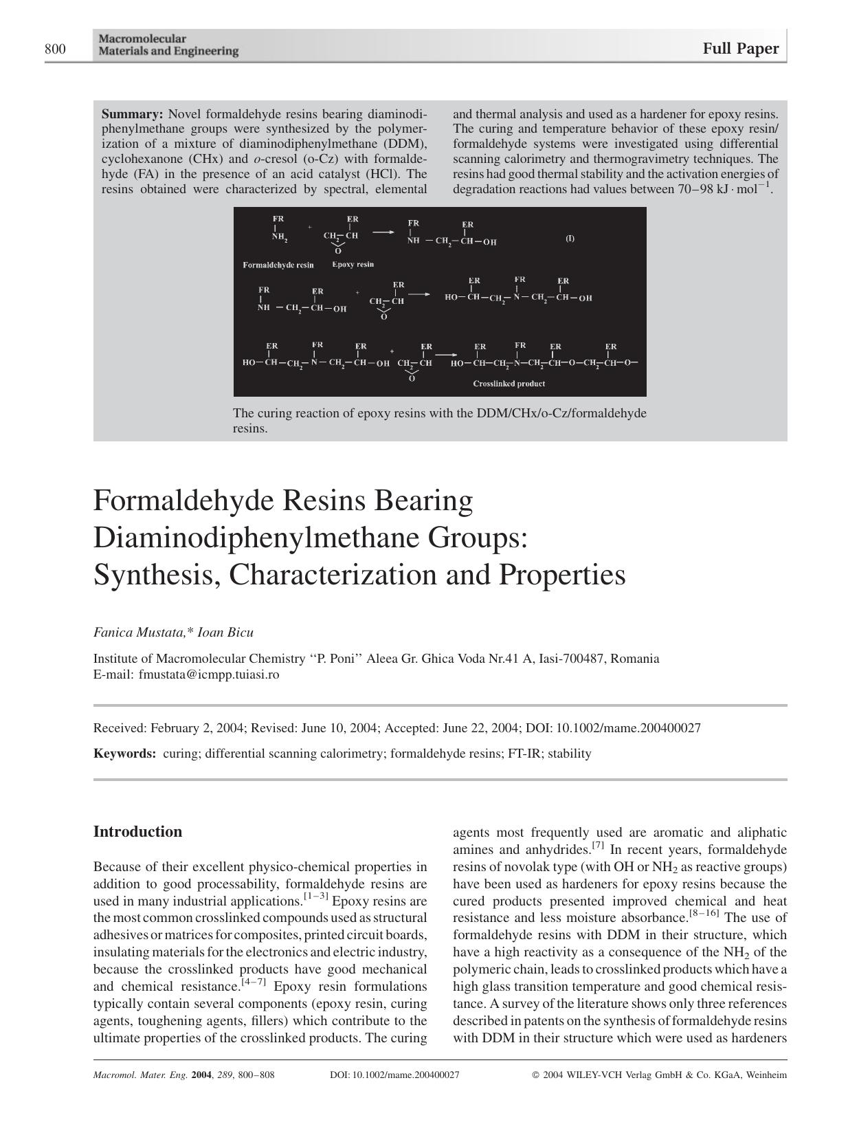 Formaldehyde Resins Bearing Diaminodiphenylmethane Groups: Synthesis, Characterization and Properties by Unknown