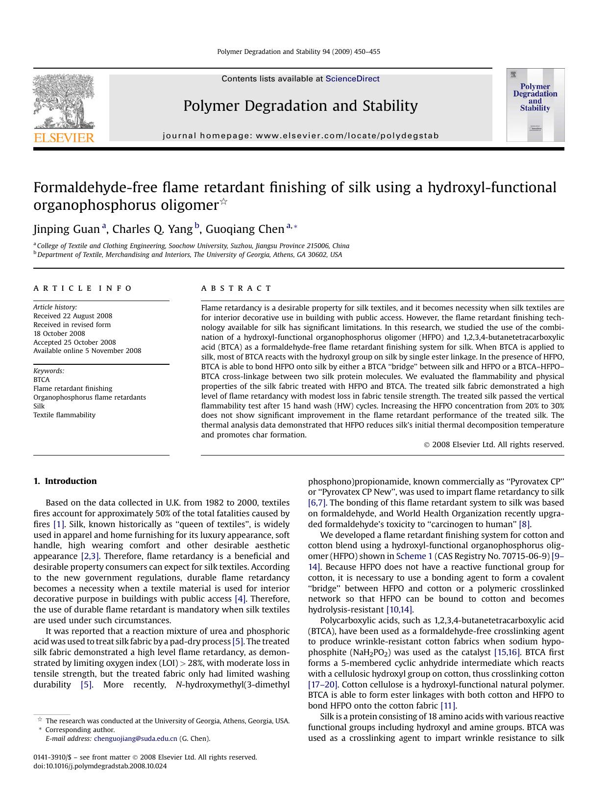 Formaldehyde-free flame retardant finishing of silk using a hydroxyl-functional organophosphorus oligomer by Jinping Guan; Charles Q. Yang; Guoqiang Chen