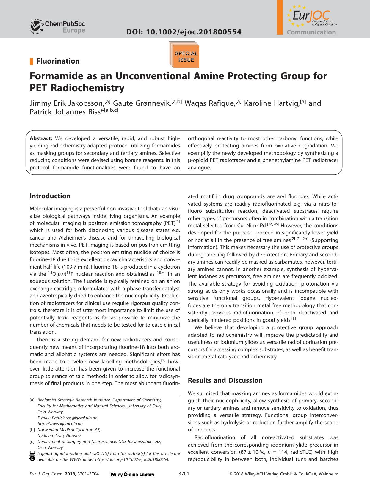 Formamide as an Unconventional Amine Protecting Group for PET Radiochemistry by Unknown