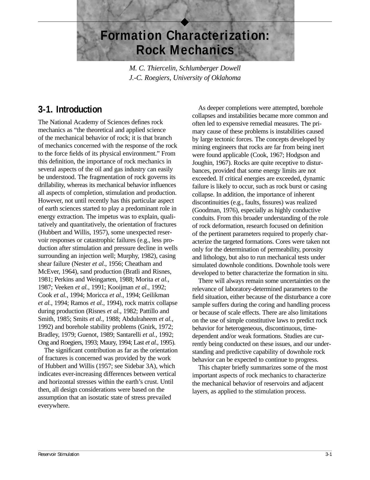 Formation Characterization: Rock Mechanics by M. C. Thiercelin J. -C. Roegiers