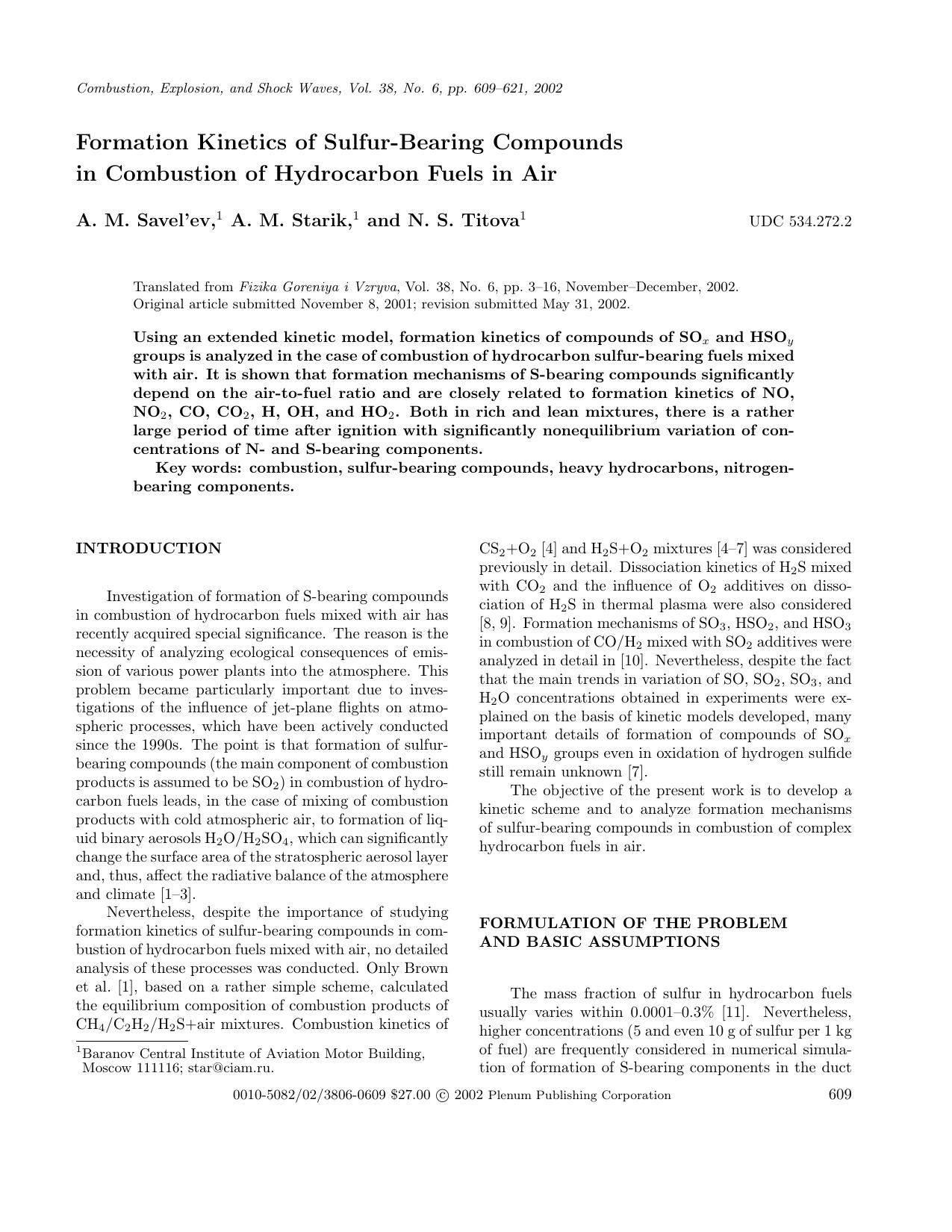 Formation Kinetics of Sulfur-Bearing Compounds in Combustion of Hydrocarbon Fuels in Air by Unknown