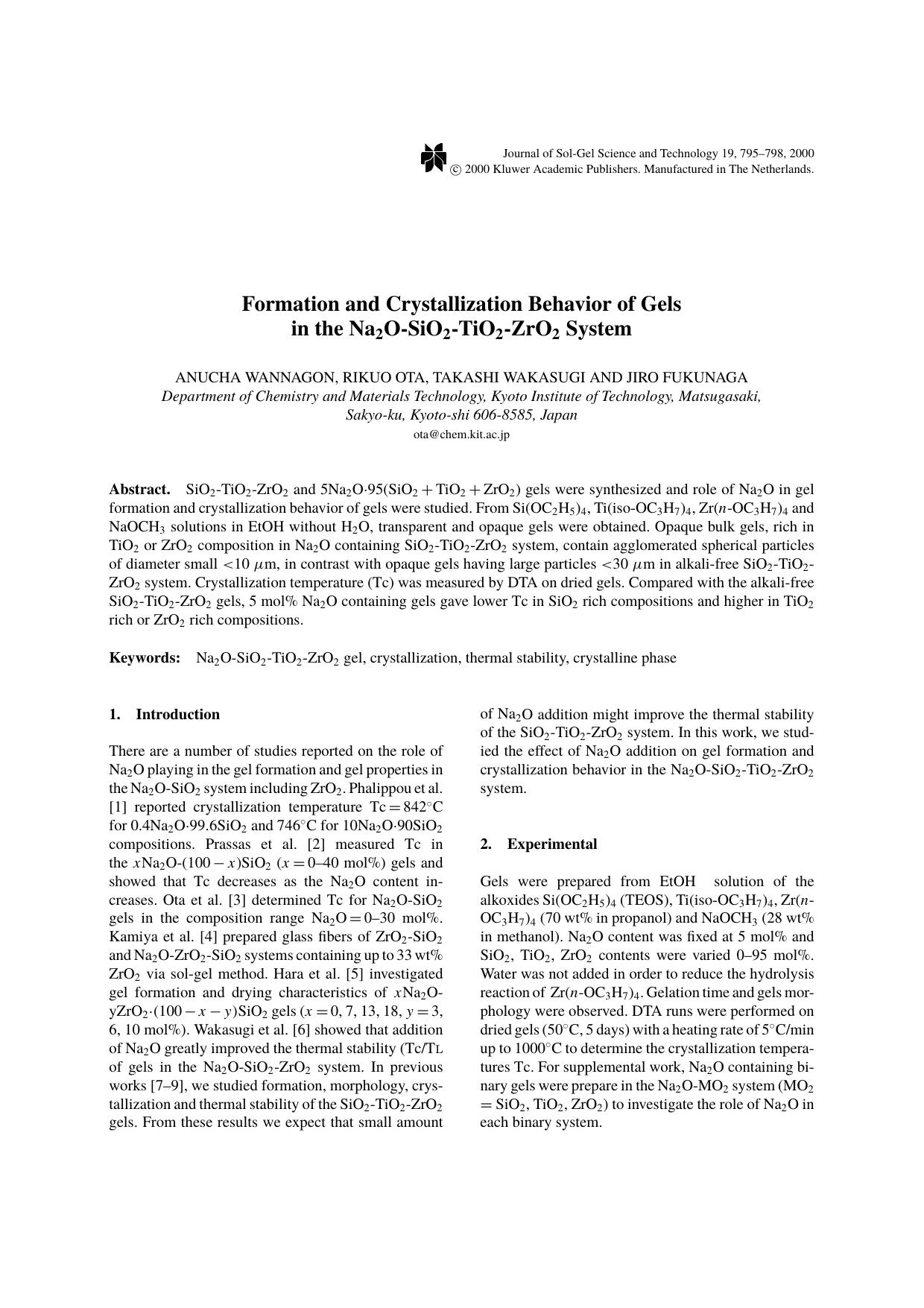 Formation and Crystallization Behavior of Gels in the Na2O-SiO2-TiO2-ZrO2 System by Unknown