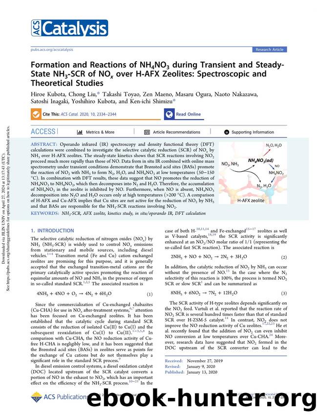 Formation and Reactions of NH4NO3 during Transient and Steady-State NH3-SCR of NOx over H-AFX Zeolites: Spectroscopic and Theoretical Studies by unknow