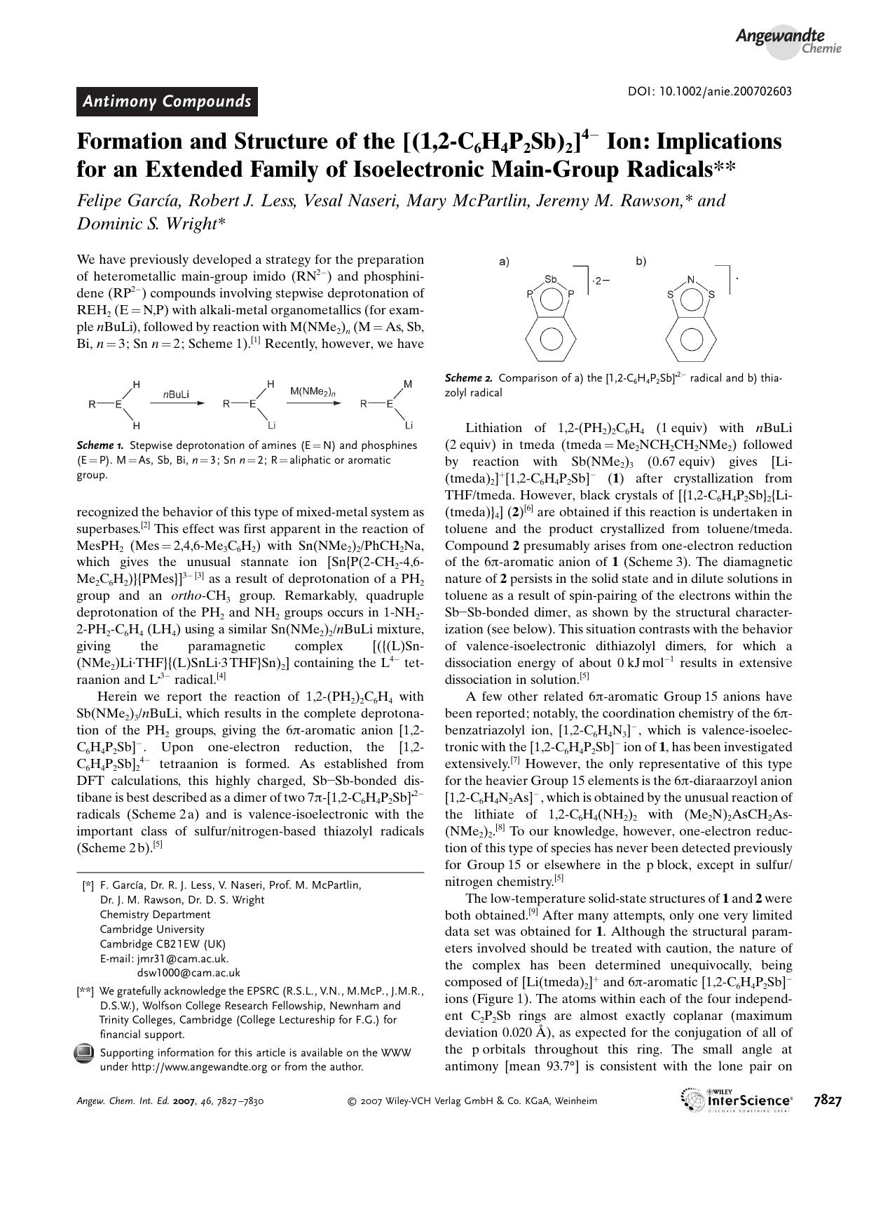 Formation and Structure of the [(1,2-C6H4P2Sb)2]4[minus] Ion: Implications for an Extended Family of Isoelectronic Main-Group Radicals by Unknown