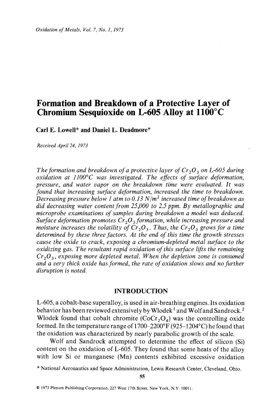 Formation and breakdown of a protective layer of chromium sesquioxide on L-605 alloy at 1100° C by Unknown