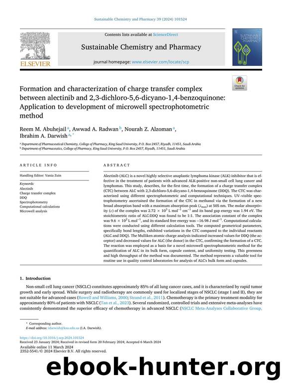 Formation and characterization of charge transfer complex between alectinib and 2,3-dichloro-5,6-dicyano-1,4-benzoquinone: Application to development of microwell spectrophotometric method by Reem M. Abuhejail & Awwad A. Radwan & Nourah Z. Alzoman & Ibrahim A. Darwish