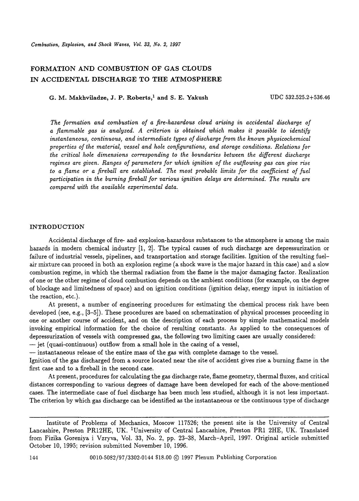 Formation and combustion of gas clouds in accidental discharge to the atmosphere by Unknown