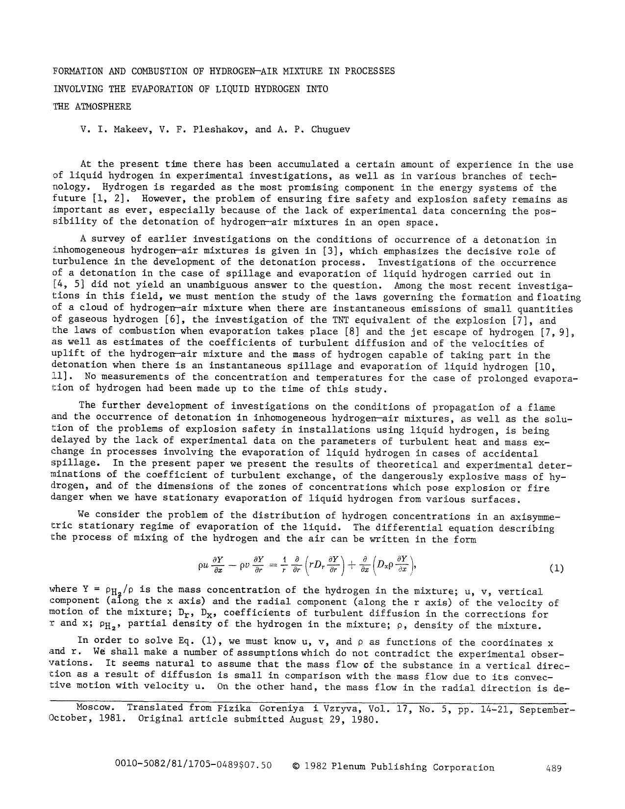 Formation and combustion of hydrogen-air mixture in processes involving the evaporation of liquid hydrogen into the atmosphere by Unknown