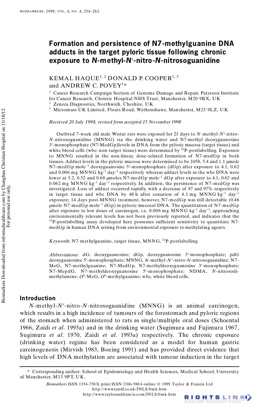Formation and persistence of N7-methylguanine DNA adducts in the target pyloric tissue following chronic exposure to N-methyl-Nâ²-nitro-N-nitrosoguanidine by KEMAL HAQUE DONALD P. COOPER & ANDREW C. POVEY