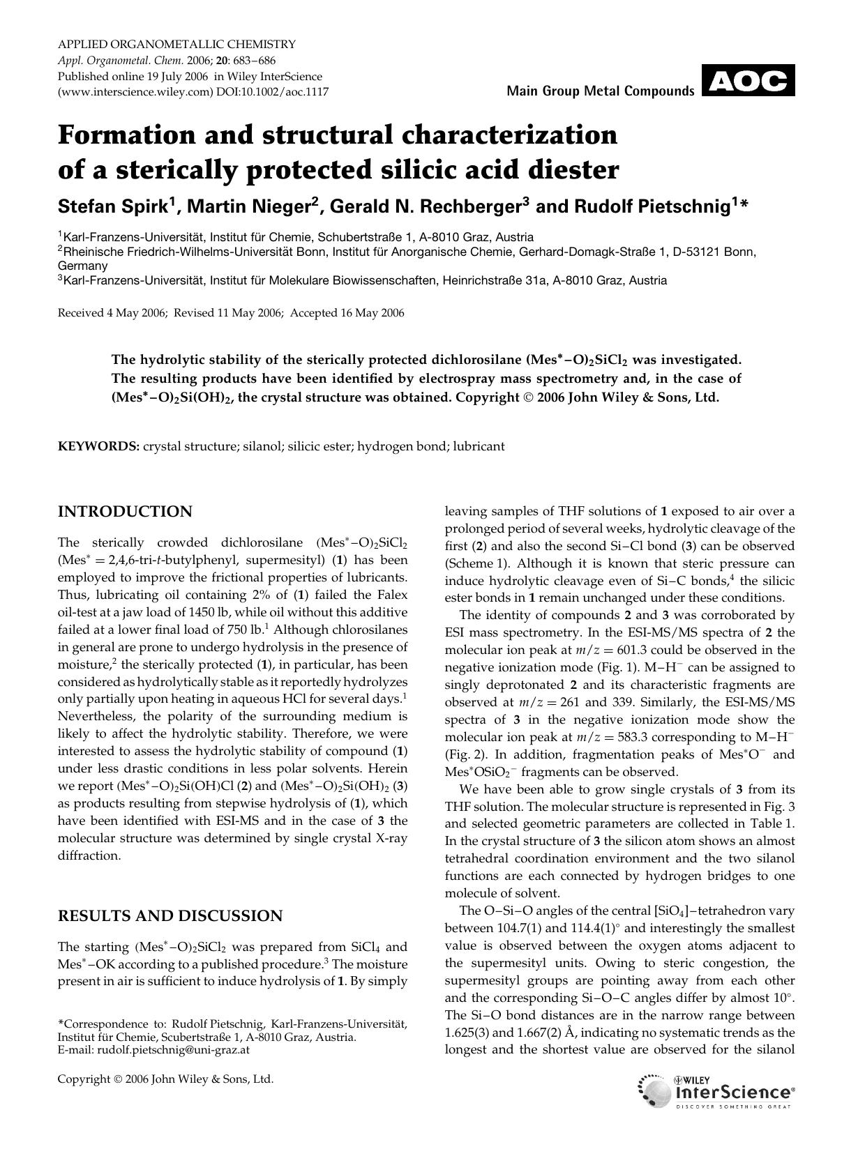 Formation and structural characterization of a sterically protected silicic acid diester by Unknown