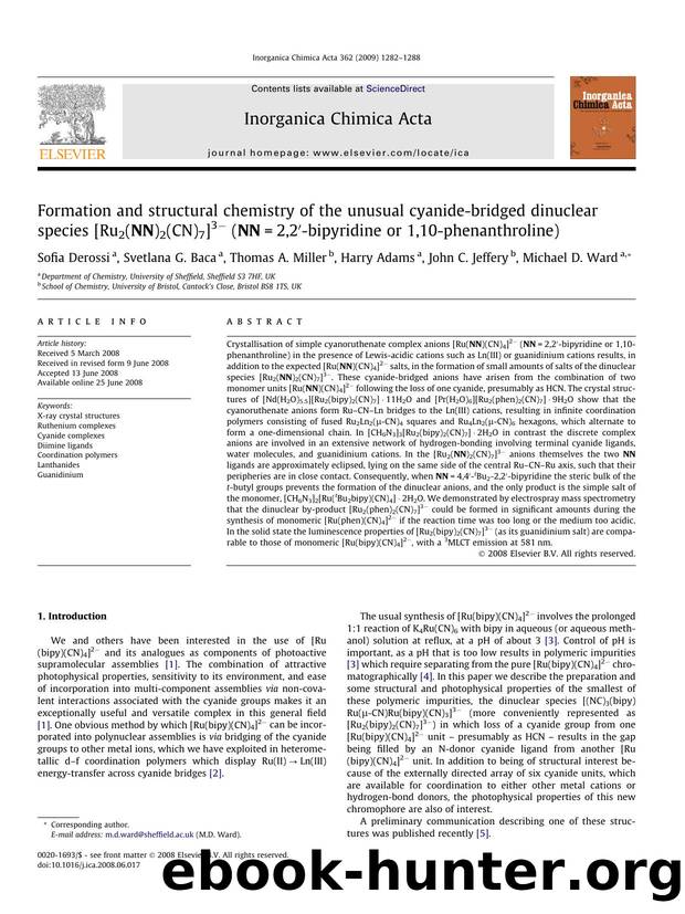 Formation and structural chemistry of the unusual cyanide-bridged dinuclear species [Ru2(NN)2(CN)7]3â (NN=2,2â²-bipyridine or 1,10-phenanthroline) by Sofia Derossi; Svetlana G. Baca; Thomas A. Miller; Harry Adams; John C. Jeffery; Michael D. Ward