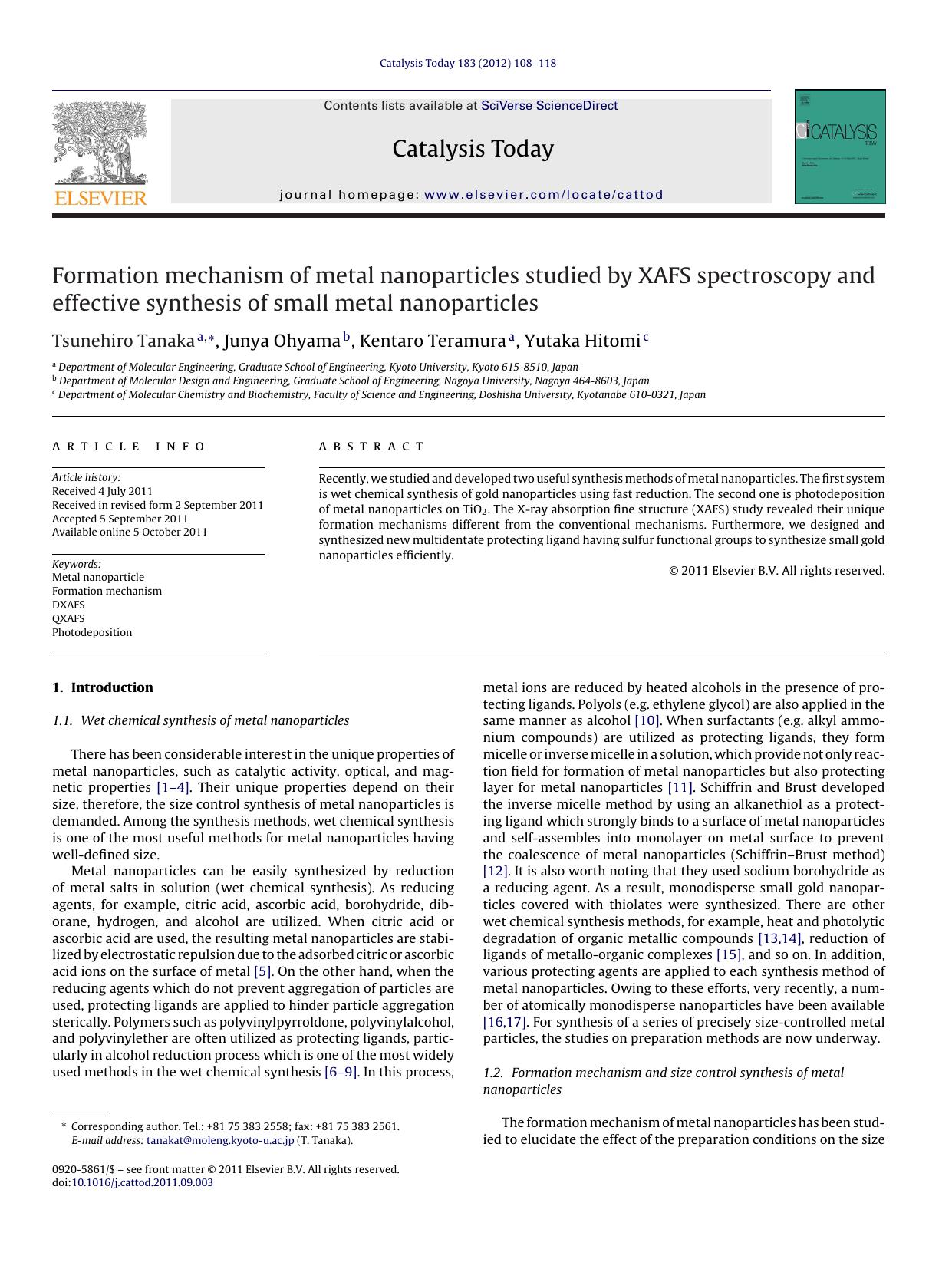Formation mechanism of metal nanoparticles studied by XAFS spectroscopy and effective synthesis of small metal nanoparticles by Tsunehiro Tanaka