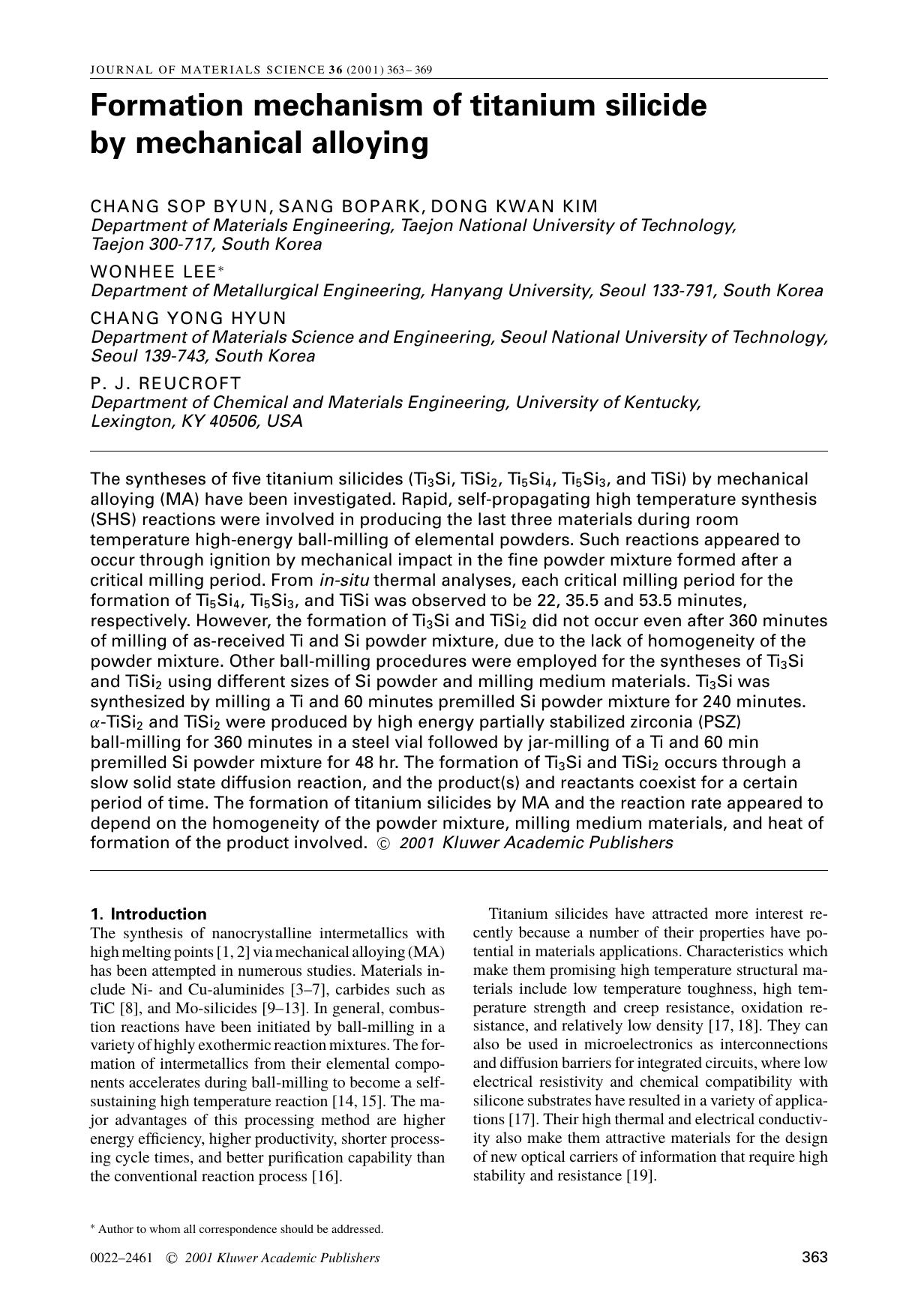 Formation mechanism of titanium silicide by mechanical alloying by Unknown