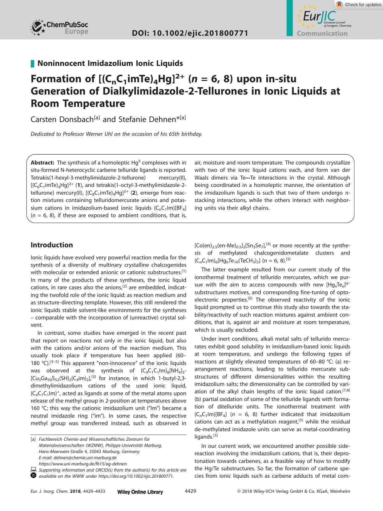 Formation of [(CnC1imTe)4Hg]2+ (n = 6, 8) upon inâsitu Generation of Dialkylimidazoleâ2âTellurones in Ionic Liquids at Room Temperature by Unknown