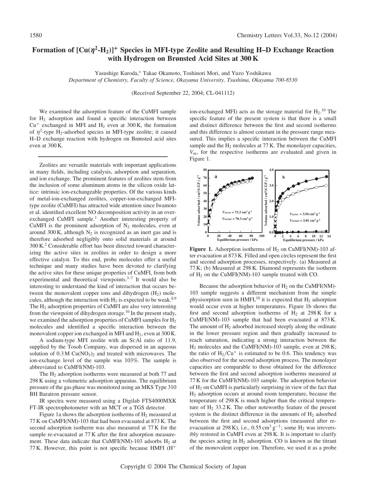 Formation of [Cu(\eta^{2}-H_{2})]^{+} Species in MFI-type Zeolite and Resulting H--D Exchange Reaction with Hydrogen on Brnsted Acid Sites at 300K by Yasushige Kuroda Takae Okamoto Toshinori Mori and Yuzo Yoshikawa