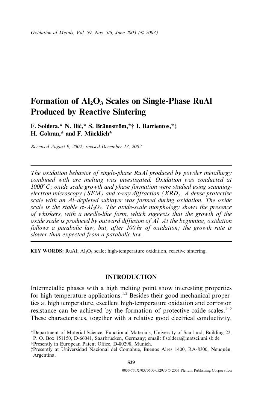 Formation of Al<Subscript>2<Subscript>O<Subscript>3<Subscript> Scales on Single-Phase RuAl Produced by Reactive Sintering by Unknown