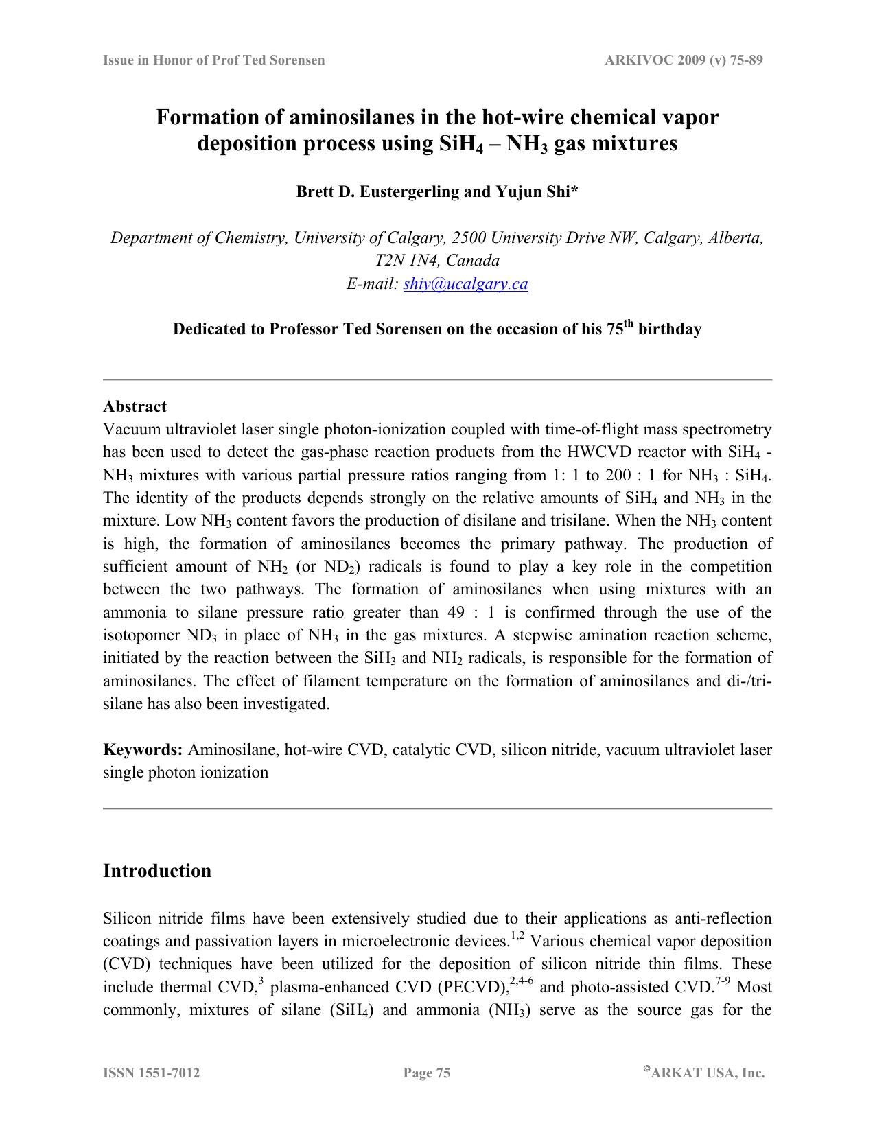 Formation of Aminosilane Film-Growth Species in the HW-CVD Process using SiH4 â NH3 Gas Mixtures by Shi