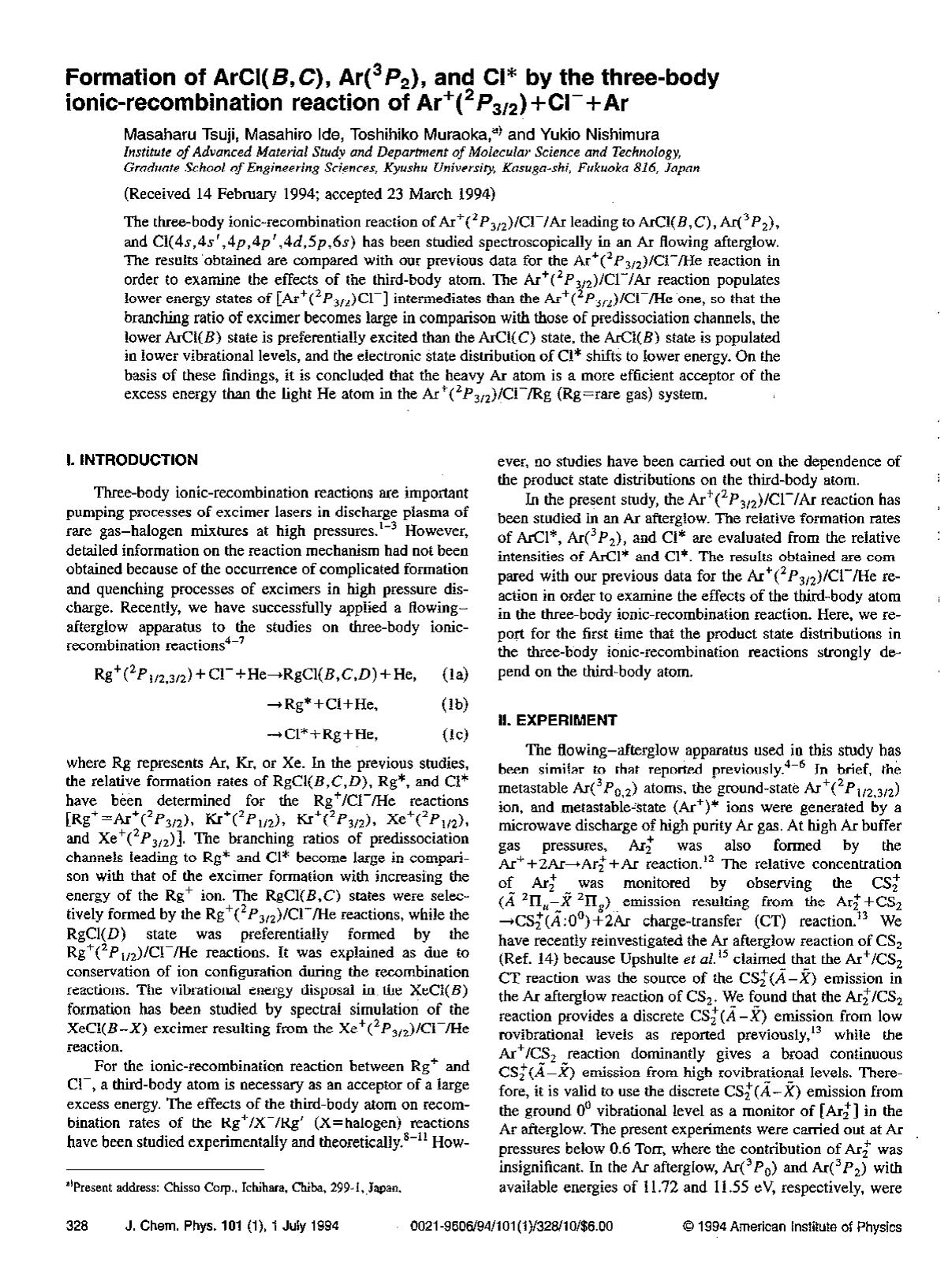 Formation of ArCl(B,C), Ar(3P2), and Cl* by the three-body ionic-recombination reaction of Ar+(2P32)+Cl-+Ar by Masaharu Tsuji; Masahiro Ide; Toshihiko Muraoka; Yukio Nishimura