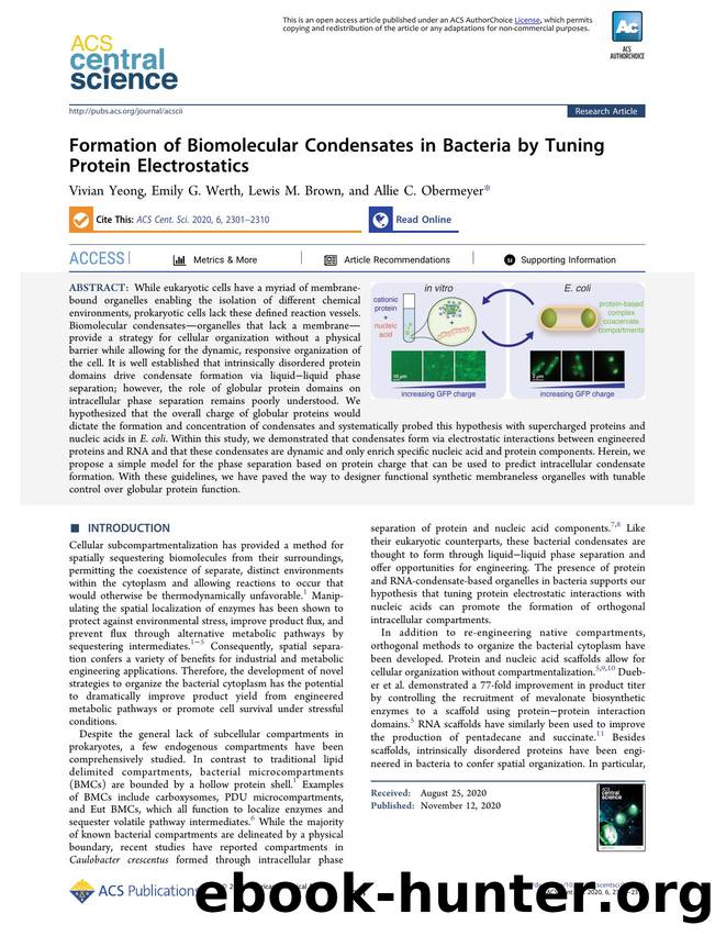 Formation of Biomolecular Condensates in Bacteria by Tuning Protein Electrostatics by Vivian Yeong & Emily G. Werth & Lewis M. Brown & Allie C. Obermeyer (ORCID: 0000-0003-2412-2021)