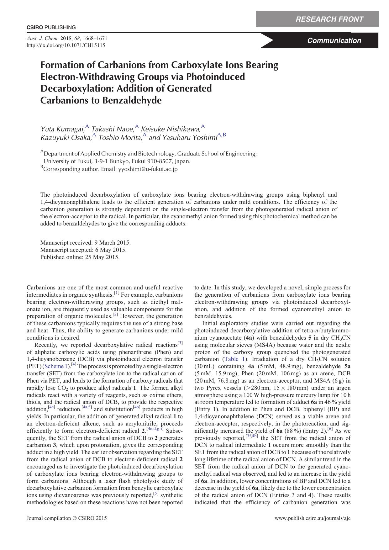 Formation of Carbanions from Carboxylate Ions Bearing Electron-Withdrawing Groups via Photoinduced Decarboxylation: Addition of Generated Carbanions to Benzaldehyde by Y. Kumagai et al