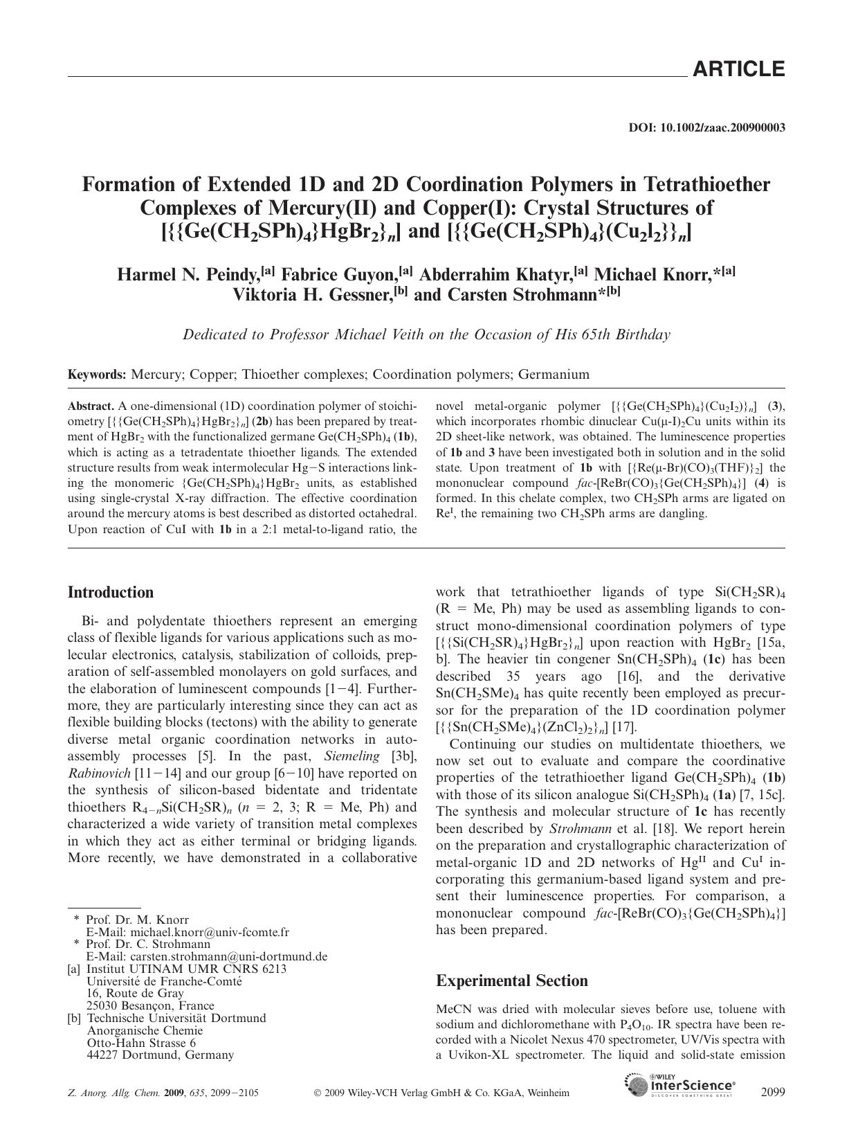 Formation of Extended 1D and 2D Coordination Polymers in Tetrathioether Complexes of Mercury(II) and Copper(I): Crystal Structures of [{{Ge(CH2SPh)4}HgBr2}n] and [{{Ge(CH2SPh)4}(Cu2l2}}n] by Unknown