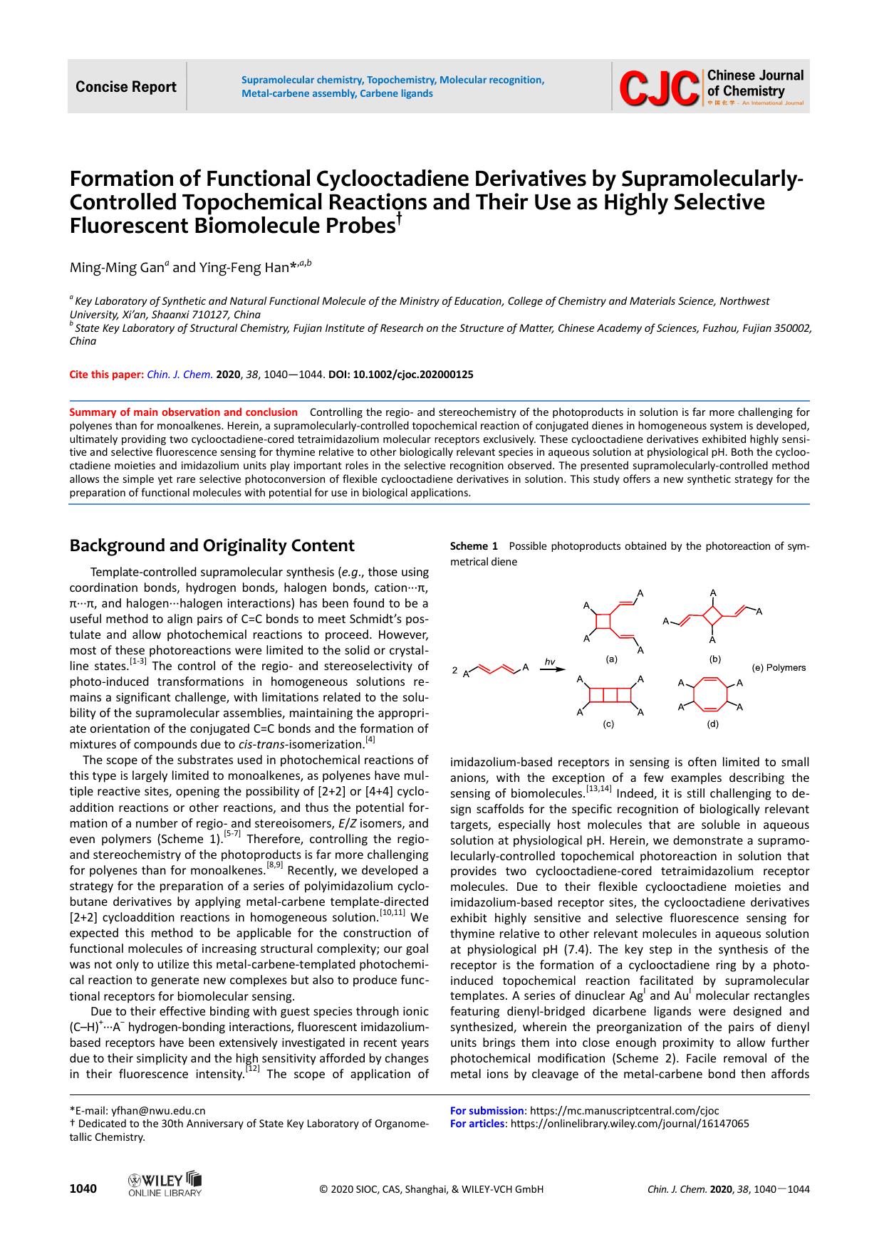 Formation of Functional Cyclooctadiene Derivatives by Supramolecularly-Controlled Topochemical Reactions and Their Use as Highly Selective Fluorescent Biomolecule Probes by mm G