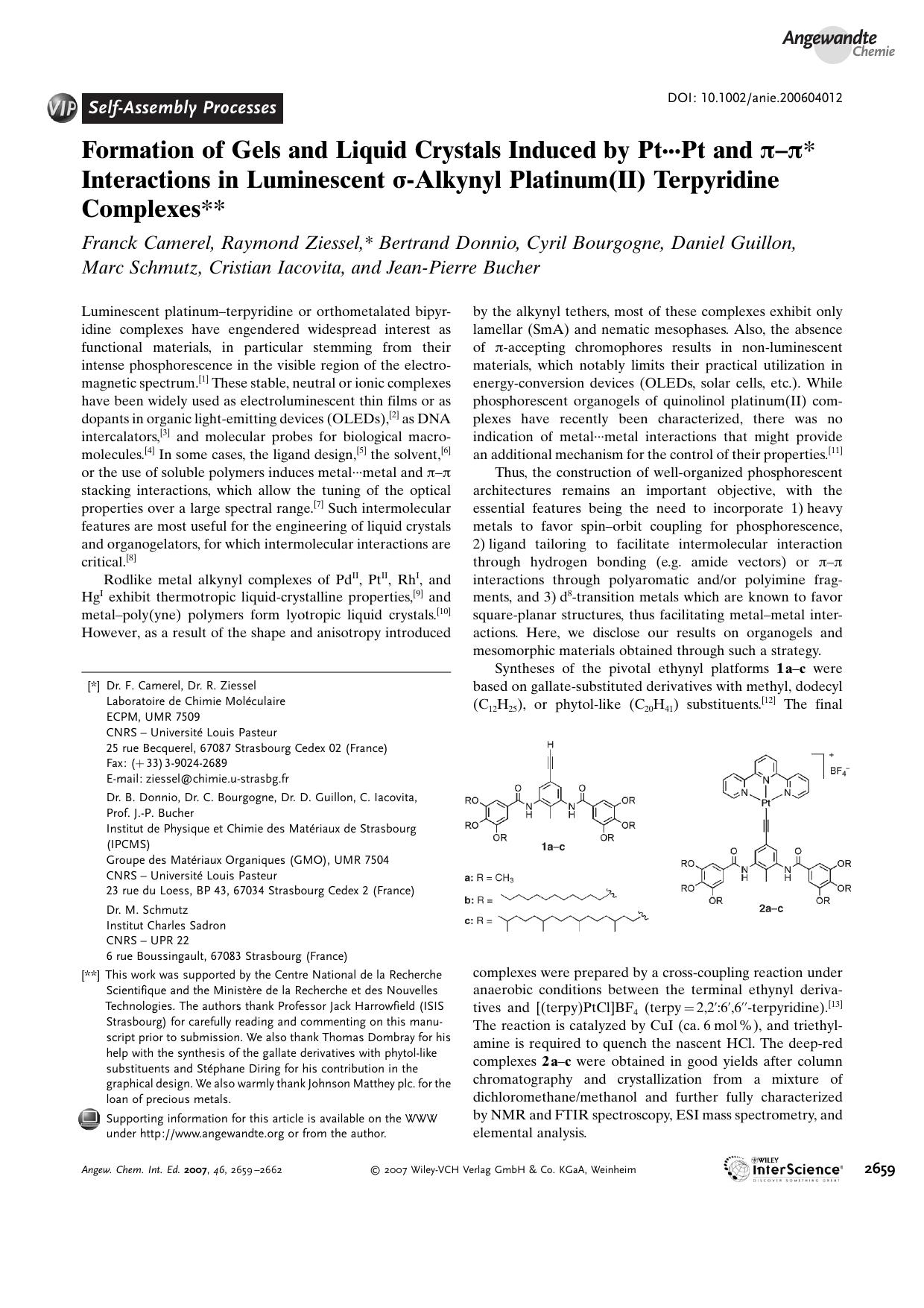 Formation of Gels and Liquid Crystals Induced by Pt[sdot][sdot][sdot]Pt and [pi]-[pi]* Interactions in Luminescent [sigma]-Alkynyl Platinum(II) Terpyridine Complexes by Unknown