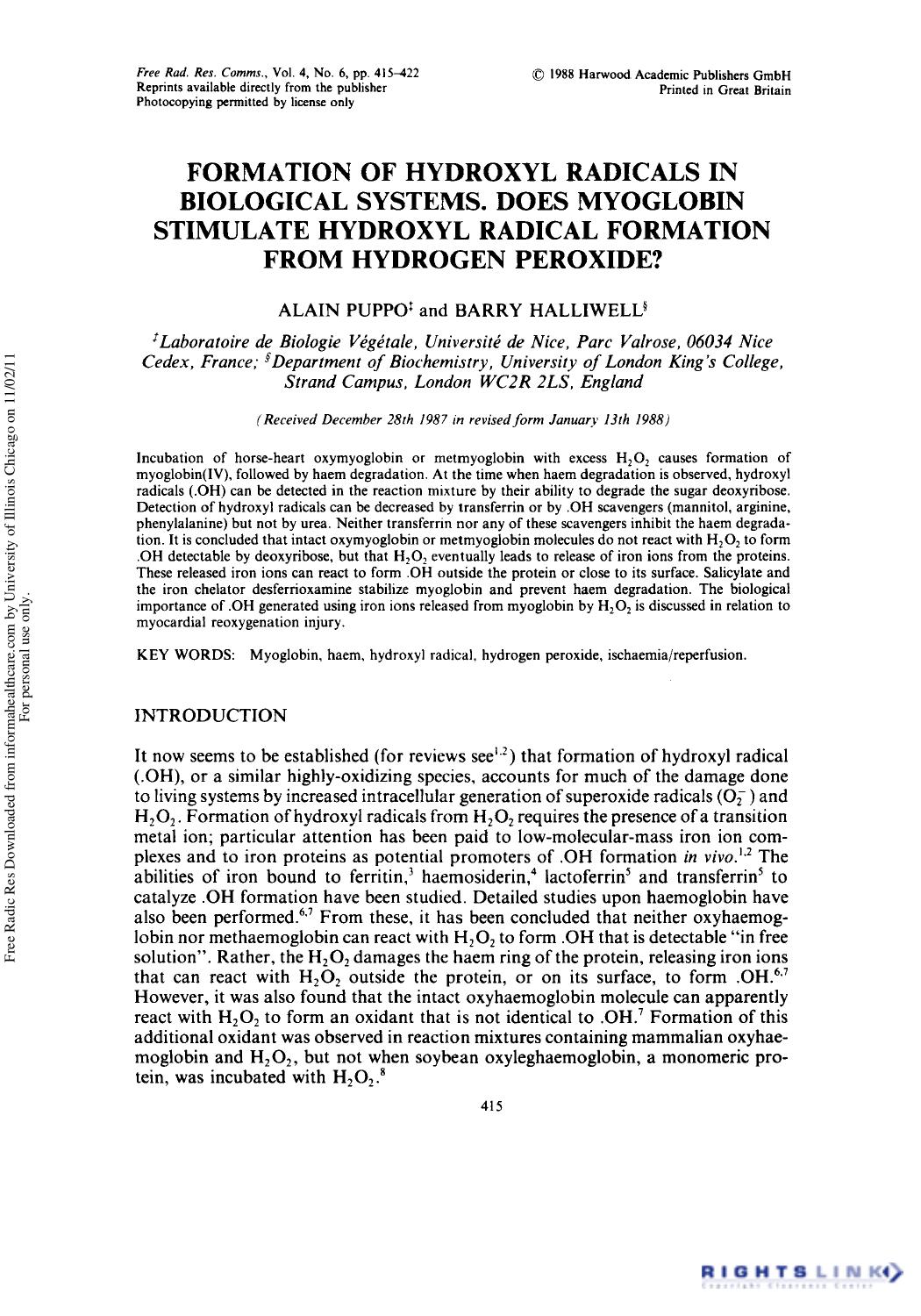 Formation of Hydroxyl Radicals in Biological Systems. Does Myoglobin Stimulate Hydroxyl Radical Formation from Hydrogen Peroxide? by Alain Puppo1 & Barry Halliwell2