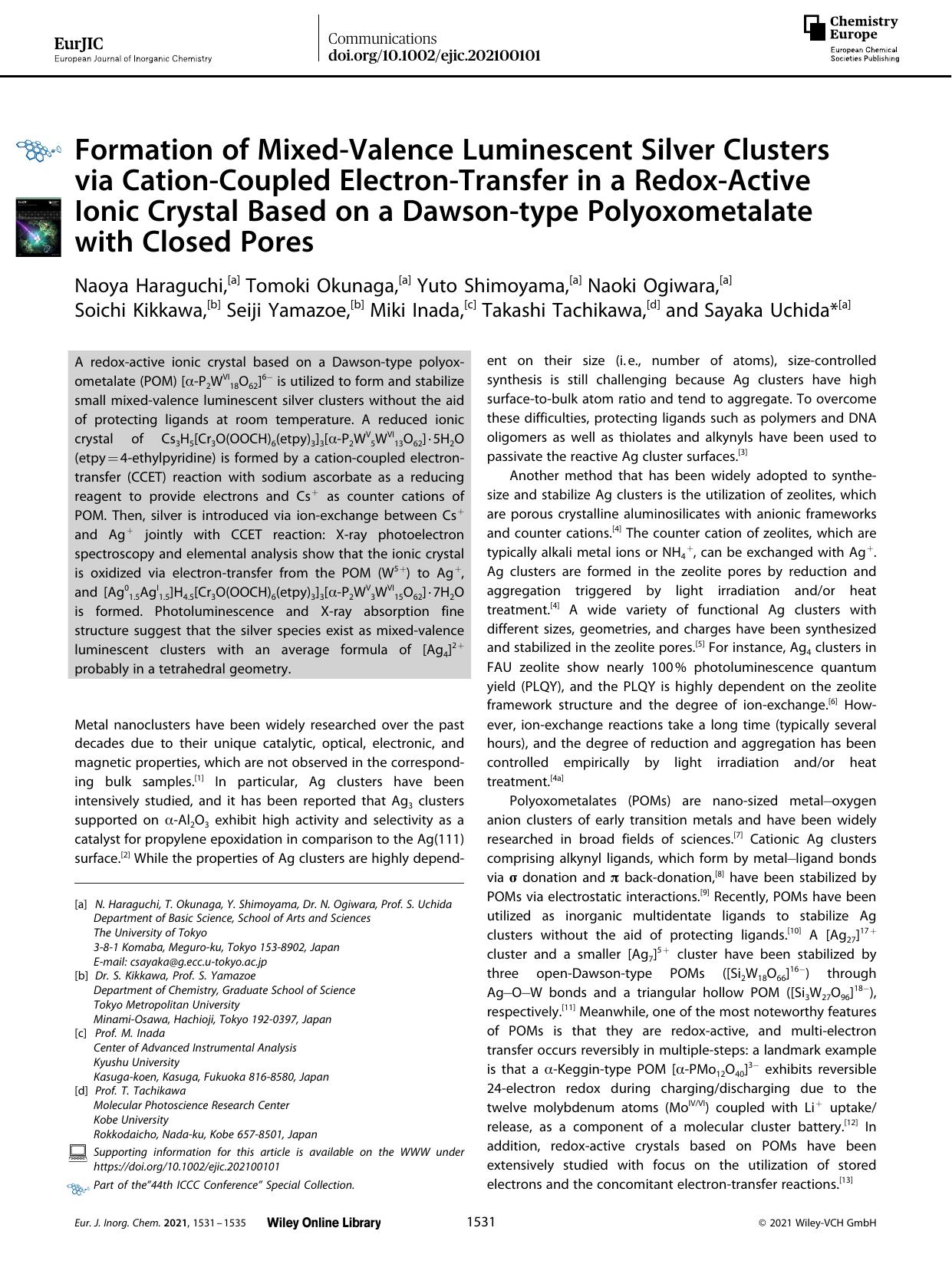 Formation of MixedâValence Luminescent Silver Clusters via CationâCoupled ElectronâTransfer in a RedoxâActive Ionic Crystal Based on a Dawsonâtype Polyoxometalate with Closed Pores by Unknown