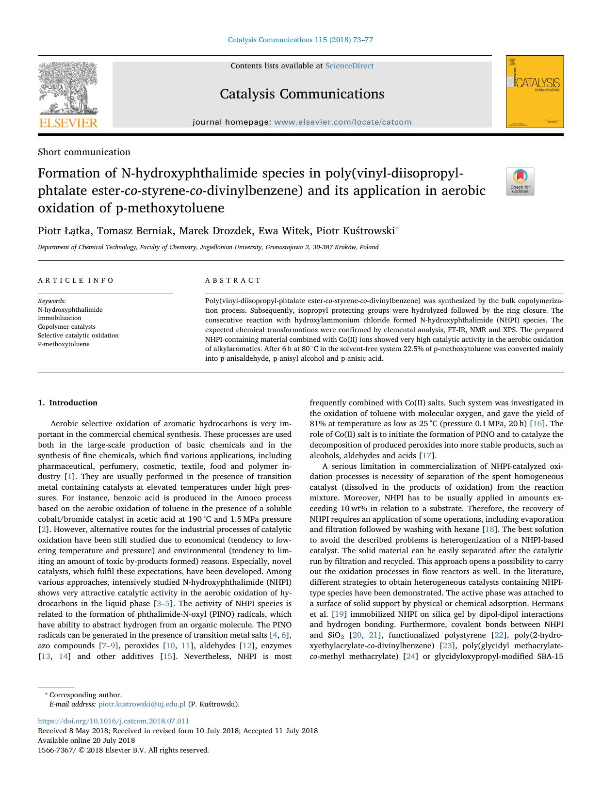 Formation of N-hydroxyphthalimide species in poly(vinyl-diisopropyl-phtalate ester-co-styrene-co-divinylbenzene) and its application in aerobic oxidation of p-methoxytoluene by Piotr Łątka & Tomasz Berniak & Marek Drozdek & Ewa Witek & Piotr Kuśtrowski