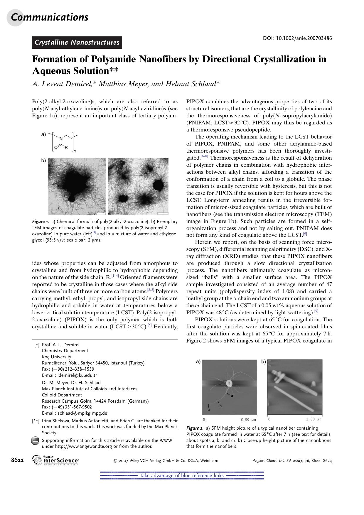 Formation of Polyamide Nanofibers by Directional Crystallization in Aqueous Solution by Unknown