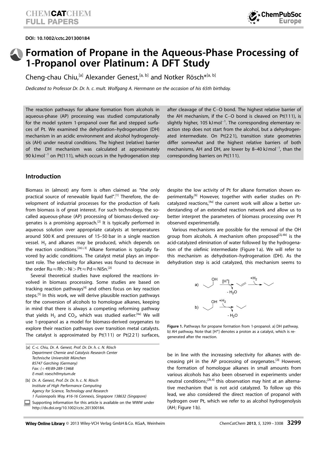 Formation of Propane in the AqueousPhase Processing of 1Propanol over Platinum: A DFT Study by Unknown
