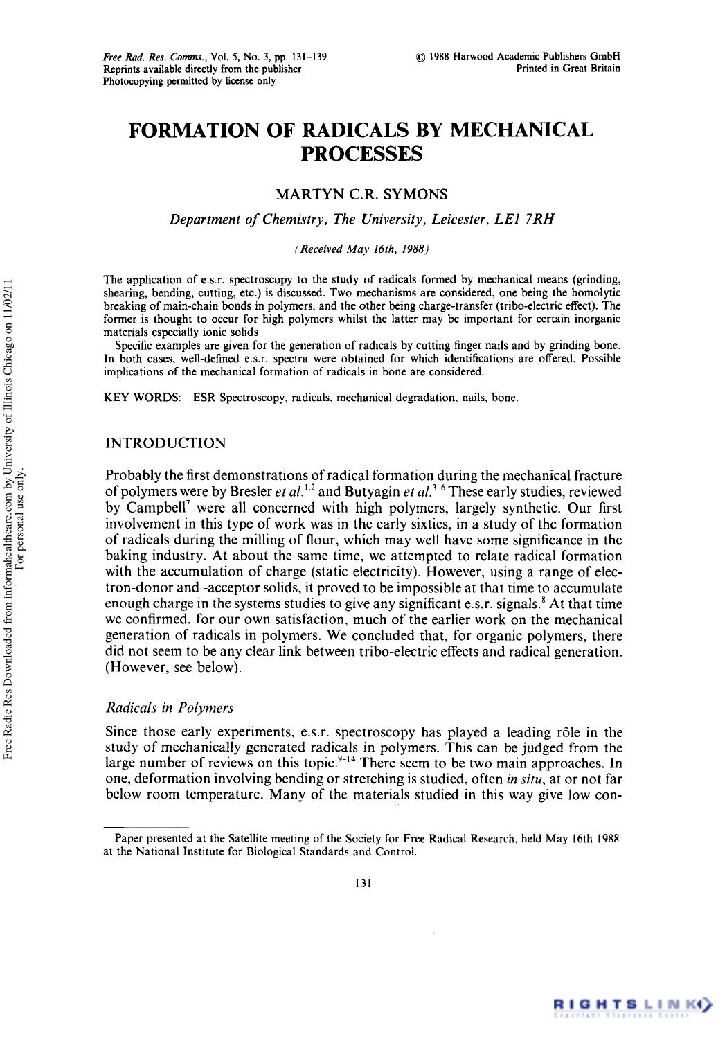 Formation of Radicals by Mechanical Processes by Martyn C.R. Symons