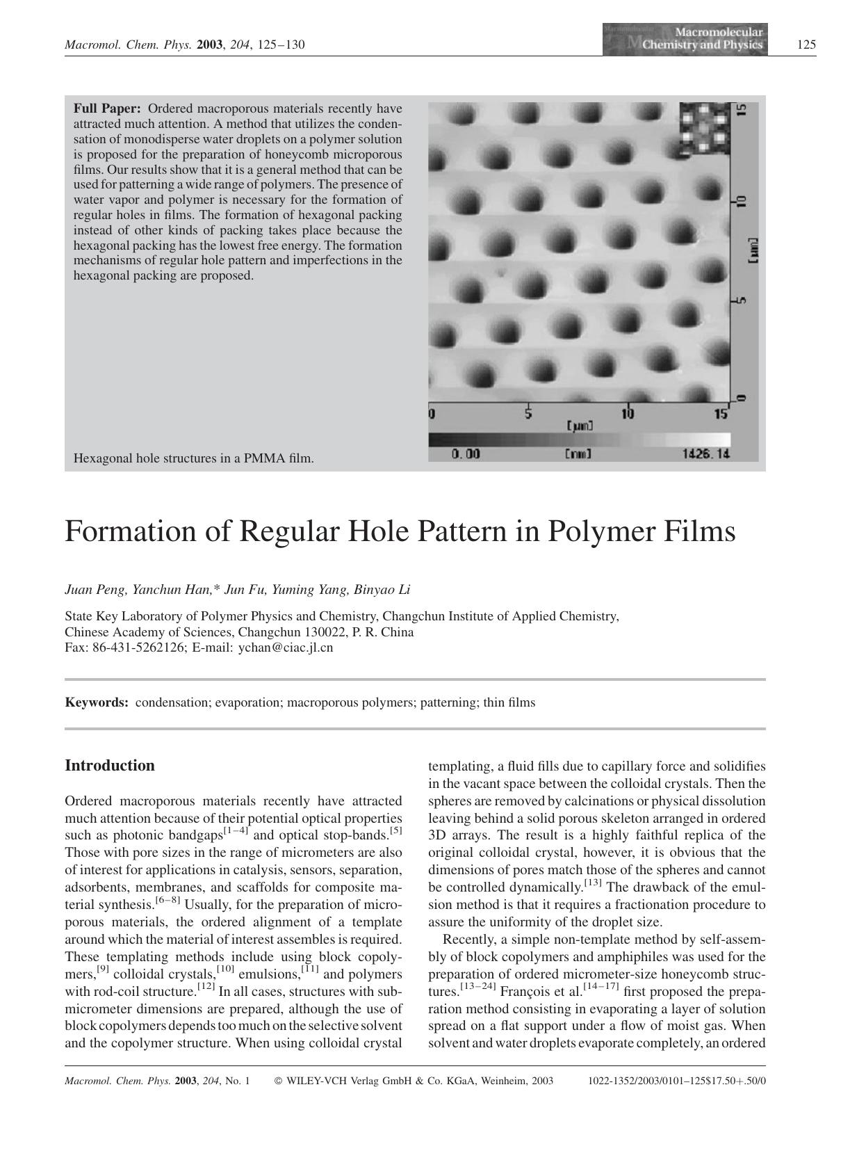 Formation of Regular Hole Pattern in Polymer Films by Unknown
